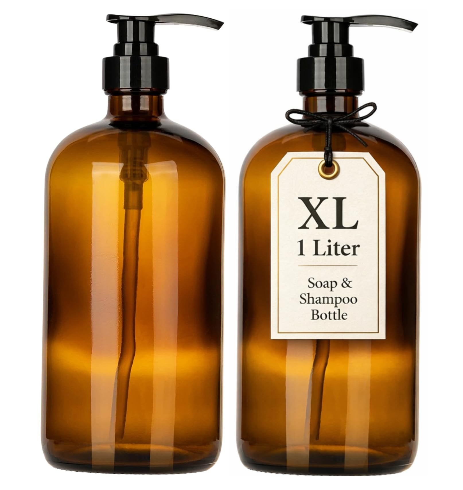 32-Ounce Pump Bottles, Large Clear Glass Boston Round Bottles w/Black Pumps. Great for Lotions, Laundry Soap Detergent, Oils, Sauces - Food Safe and Medical Grade - by kitchentoolz (Pack of 2)