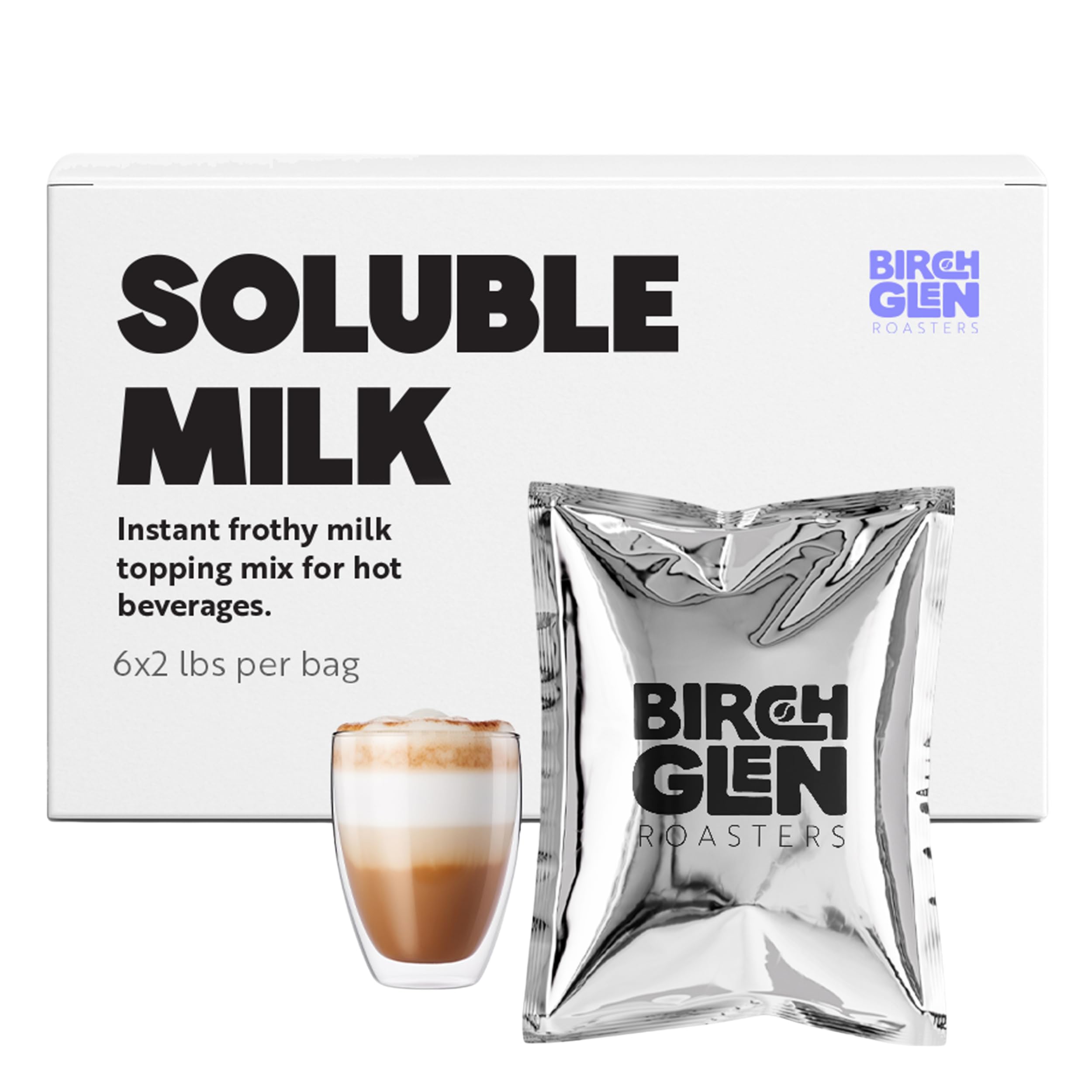 Birch Glen Roasters Soluble Milk Froth Mix Bulk Case – 6 Bags of 2lb Each – Smooth Milk Powder for Creamy Cappuccino Topping, Coffee, Lattes, and Hot Beverages