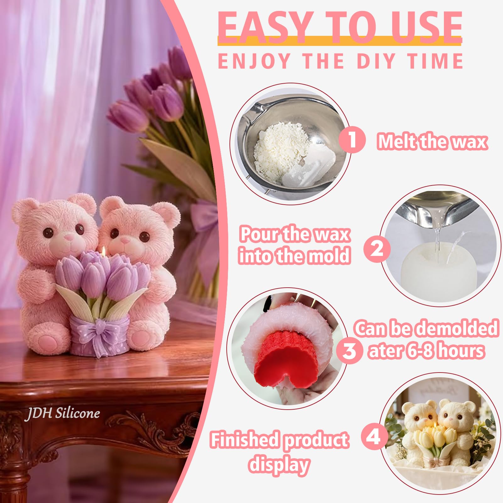 2PCS 3D Rose Bear Wax Candle Mold,Teddy Bear Candle Making Molds,Cute Epoxy Resin Molds,Ornament for DIY Wax Candles Art Craft Cake Chocolate Soap Mold Home Decor Valentine Gifts Birthday Gift