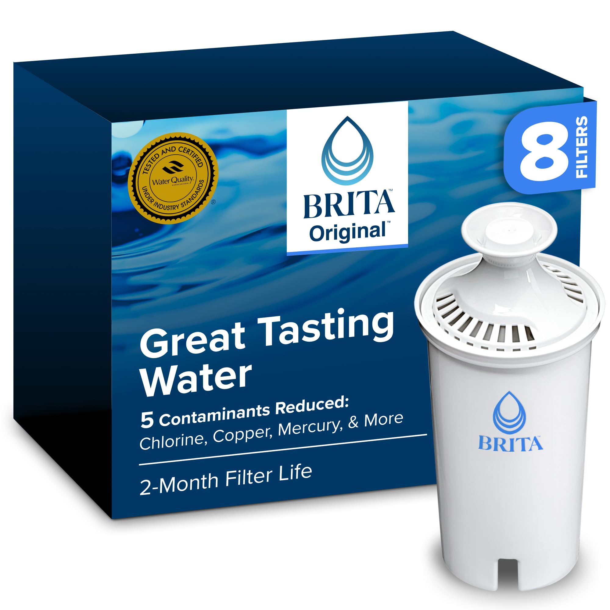 Brita Standard Water Filter for Pitchers and Dispensers, BPA-Free, Reduces Copper, Cadmium and Mercury Impurities, Lasts Two Months or 40 Gallons, Includes 3 Filters for Pitchers
