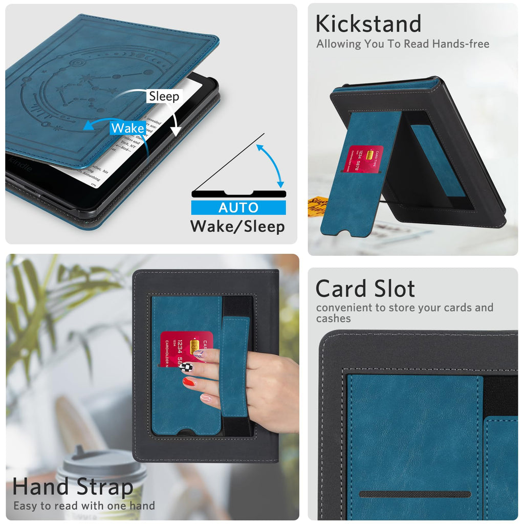 CoBak Case with Stand for Kindle Paperwhite 12th Gen 2024 Released (7") & Kindle Colorsoft Signature Edition - Durable PU Leather Cover with Auto Sleep Wake, Card Slot, Hand Strap Feature, Sage Green