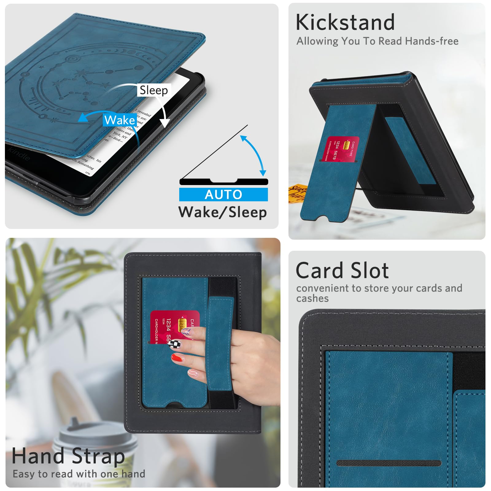 CoBak Case with Stand for Kindle Paperwhite 12th Gen 2024 Released (7") & Kindle Colorsoft Signature Edition - Durable PU Leather Cover with Auto Sleep Wake, Card Slot, Hand Strap Feature, Sage Green