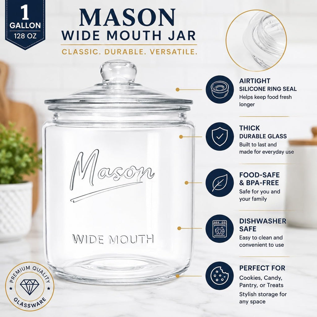 1 Gallon Mason Glass Jar with Lid – Wide Mouth Glass Storage Jar with Airtight Lid, Kitchen Pantry Container with Measurement Markings for Cookies, Candy, Flour Jar, Sugar & Dog Treats