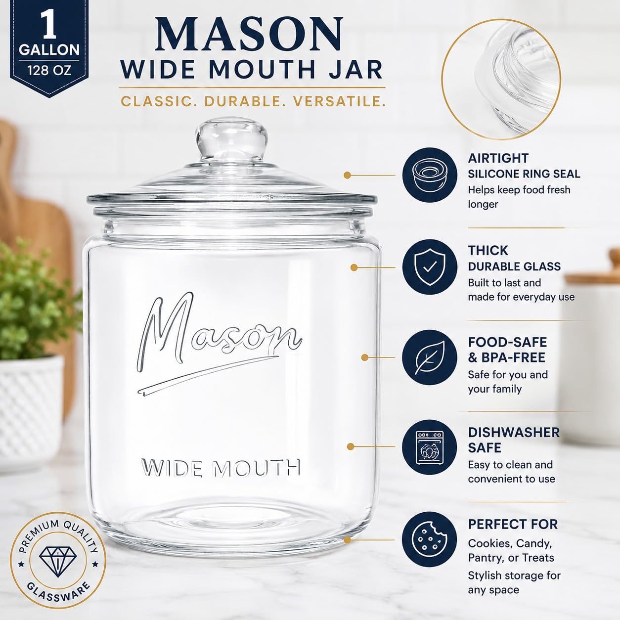 1 Gallon Mason Glass Jar with Lid – Wide Mouth Glass Storage Jar with Airtight Lid, Kitchen Pantry Container with Measurement Markings for Cookies, Candy, Flour Jar, Sugar & Dog Treats