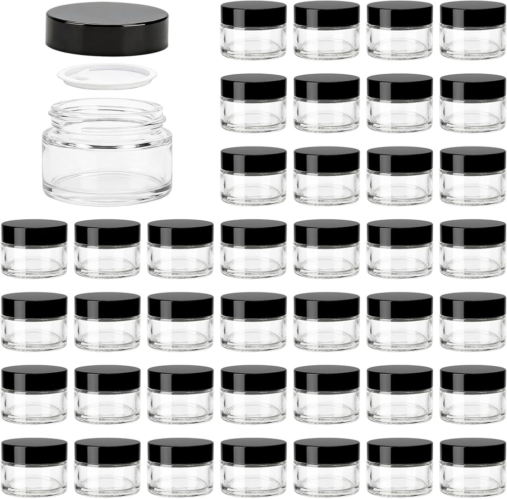 Coloch 40 Pack 1 oz Small Glass Jars with Black Lids, 30ml Empty Glass Cosmetics Container with Inner Liner Refillable Clear Sample Jars for Creams, Lotions, Powders, Skincare, Travelling