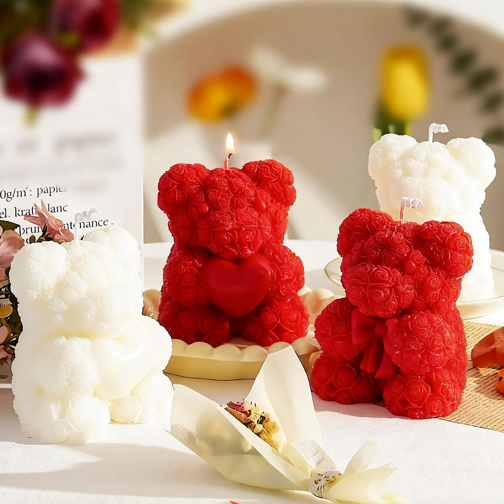 2PCS 3D Rose Bear Wax Candle Mold,Teddy Bear Candle Making Molds,Cute Epoxy Resin Molds,Ornament for DIY Wax Candles Art Craft Cake Chocolate Soap Mold Home Decor Valentine Gifts Birthday Gift