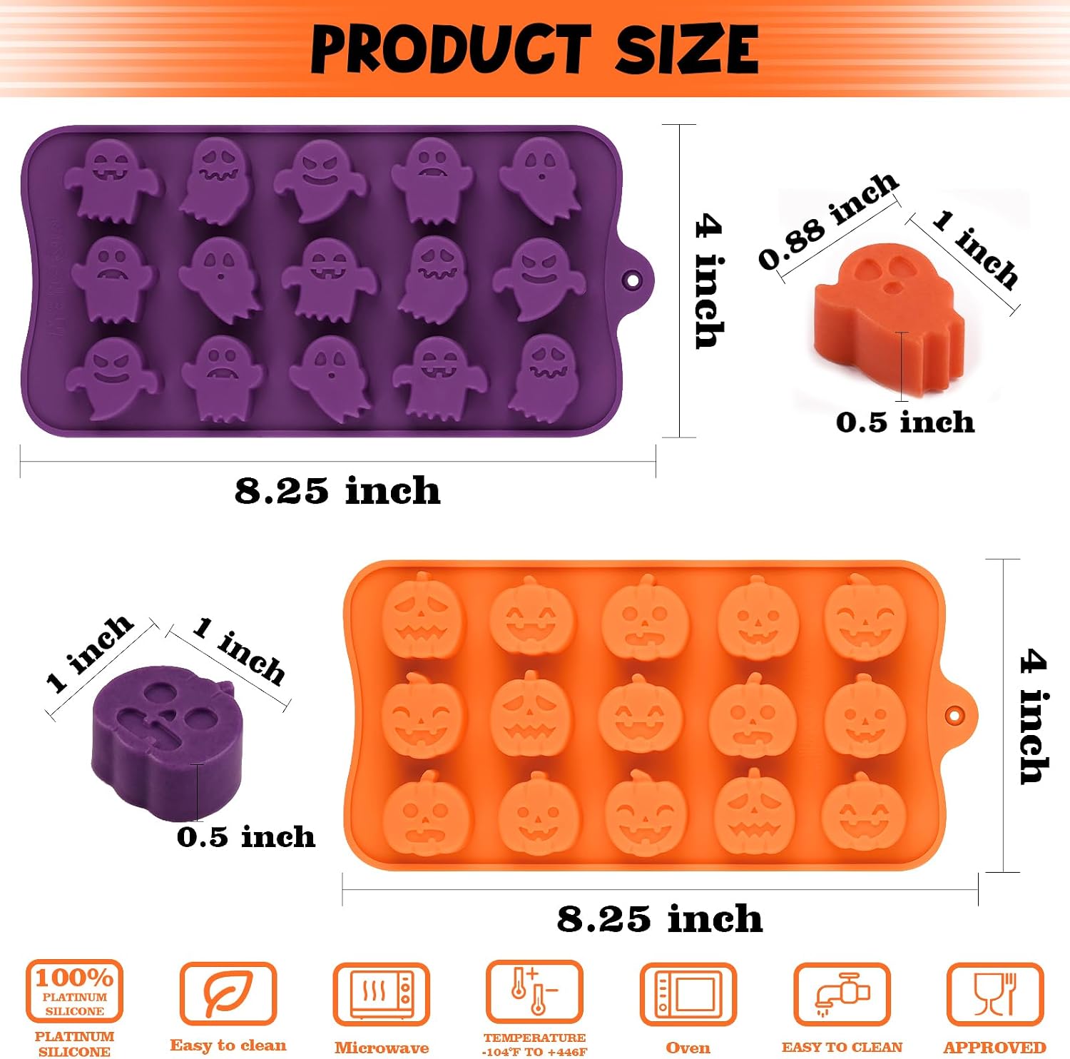 HUAKENER 4 Pack Halloween Candy Molds, Silicone Pumpkin Mold, Ghost Chocolate Mold, Halloween Silicone Molds for Chocolate, Candy, Jelly, Wax Melt, Ice Cubes, Cake Decorations