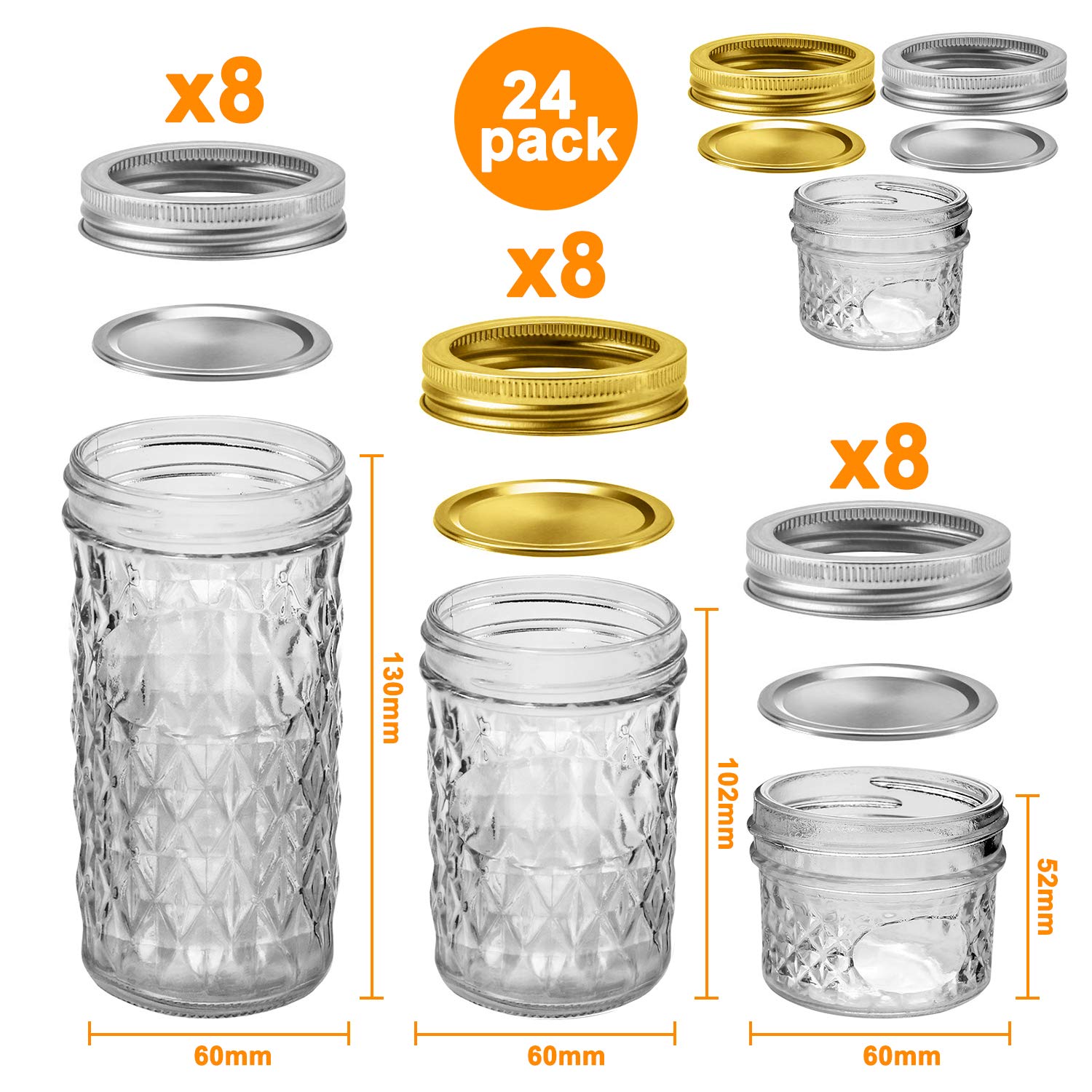 SPANLA Mason Jars 8 oz, 24 Pack Canning Jars 8 oz Half Pint Glass jars with Regular Lids and Bands, Small Mason Jars with Lids Ideal for Jelly Jam Honey Wedding Favors Shower Favors Food