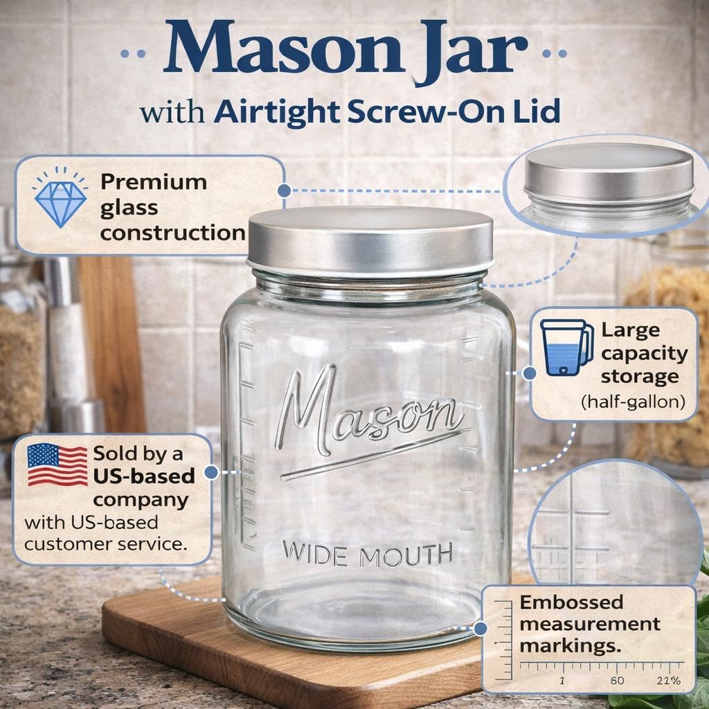 Kitchentoolz 64 oz Mason Jars Wide Mouth 2-Pack – Half Gallon Glass Jar with Lid – 1/2 Gallon Large Mason Jars with Lids for Food Storage, Canning, and Fermenting