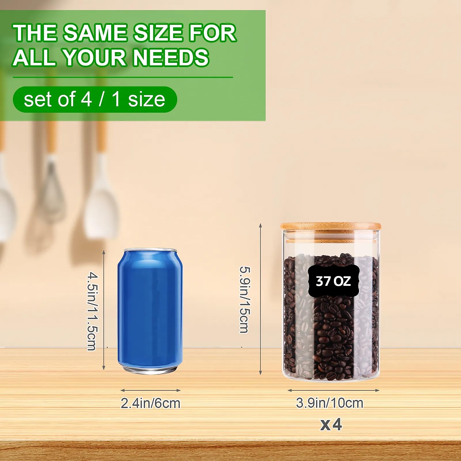 2 Pack 1.1 Gallon Square Super Wide Mouth, Airtight Glass Storage Jars, with Measurement Marks, Leak-Proof Lids for Kitchen Pantry, Canning, Dry Food (Flour, Sugar) & Drinks