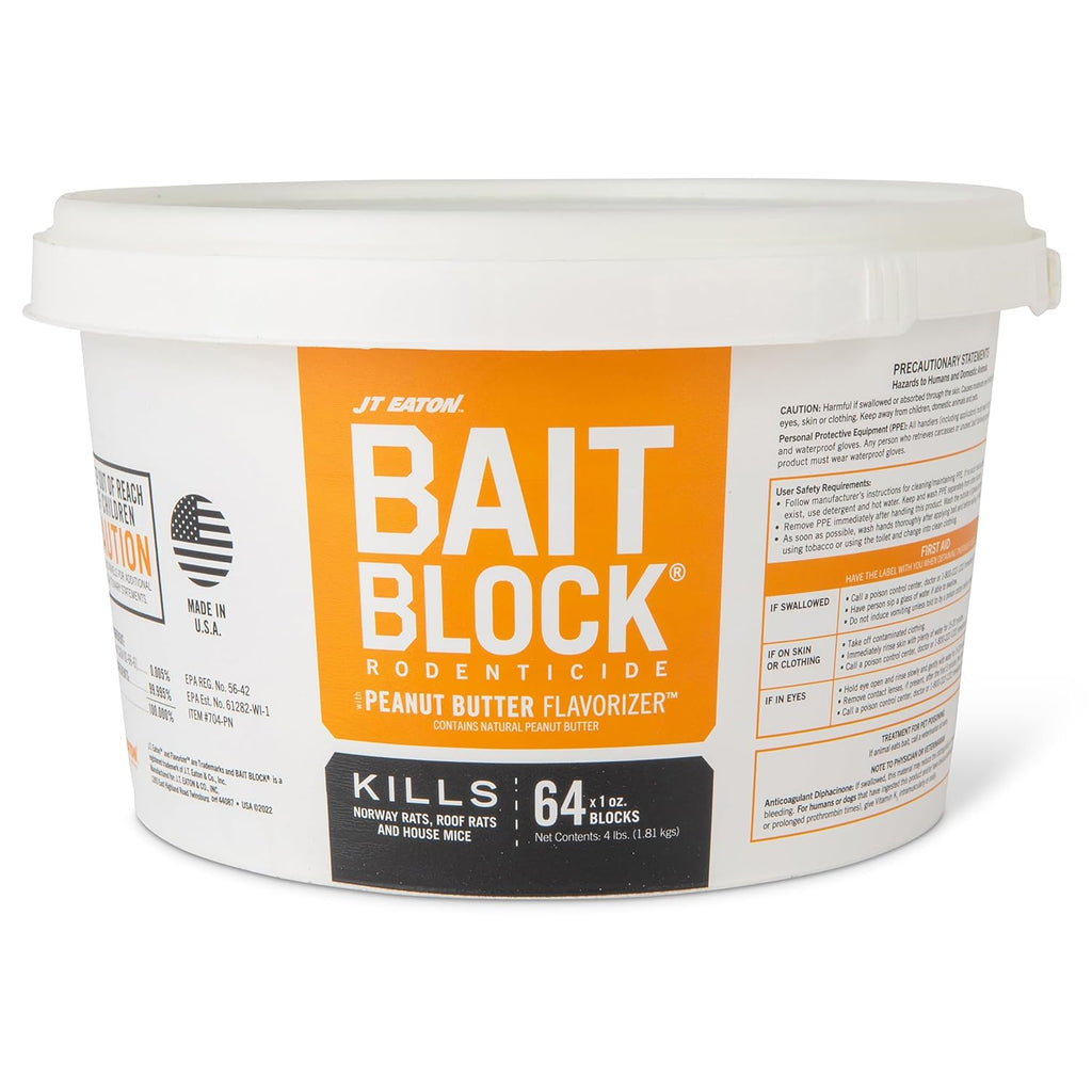 JT Eaton Bait Block Peanut Butter Flavor Rodenticide – 4 lb. Pail – Effective Rodent Control Bait Blocks – Long-Lasting and Easy to Use