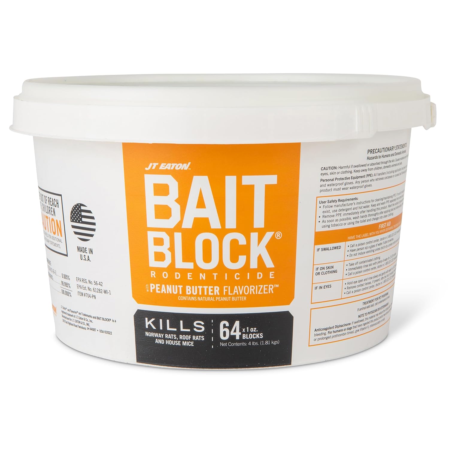 JT Eaton Bait Block Peanut Butter Flavor Rodenticide – 4 lb. Pail – Effective Rodent Control Bait Blocks – Long-Lasting and Easy to Use
