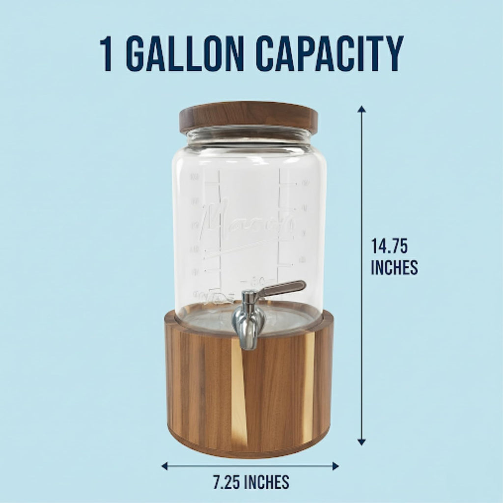 1 Gallon Glass Water & Lemonade Dispenser with Wooden Lid & Stand – Mason Jar Beverage Dispenser with Stainless Steel Spigot, Measurement Marks – Drink Server for Parties, Events, Home Use