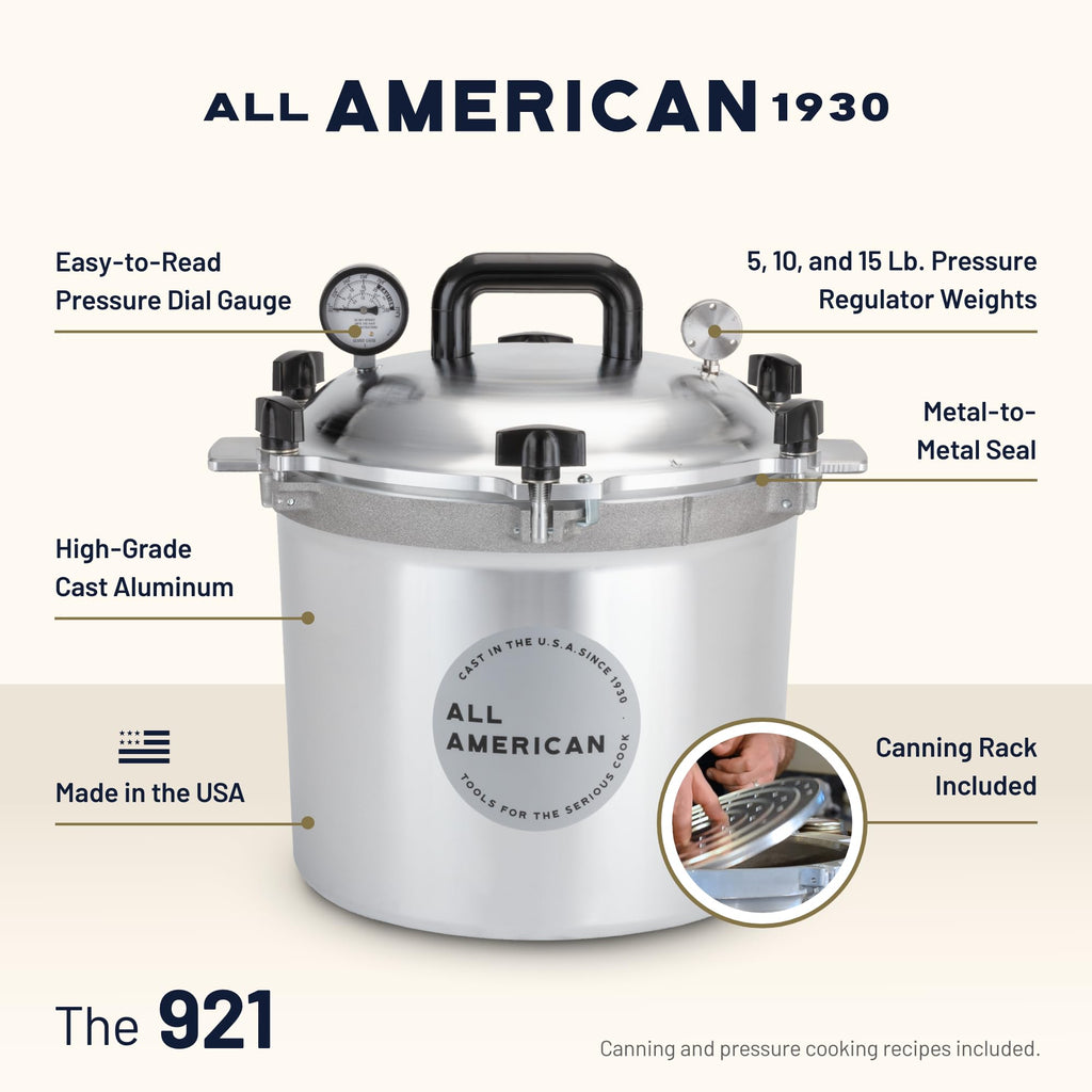 All American 1930: 21.5qt Pressure Cooker/Canner (The 921) - Exclusive Metal-to-Metal Sealing System - Easy to Open & Close - Suitable for Gas, Electric, or Flat Top Stoves - Made in the USA
