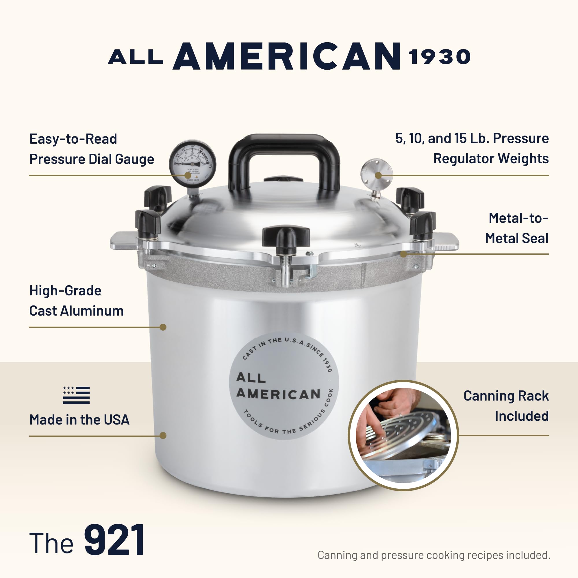 All American 1930: 21.5qt Pressure Cooker/Canner (The 921) - Exclusive Metal-to-Metal Sealing System - Easy to Open & Close - Suitable for Gas, Electric, or Flat Top Stoves - Made in the USA