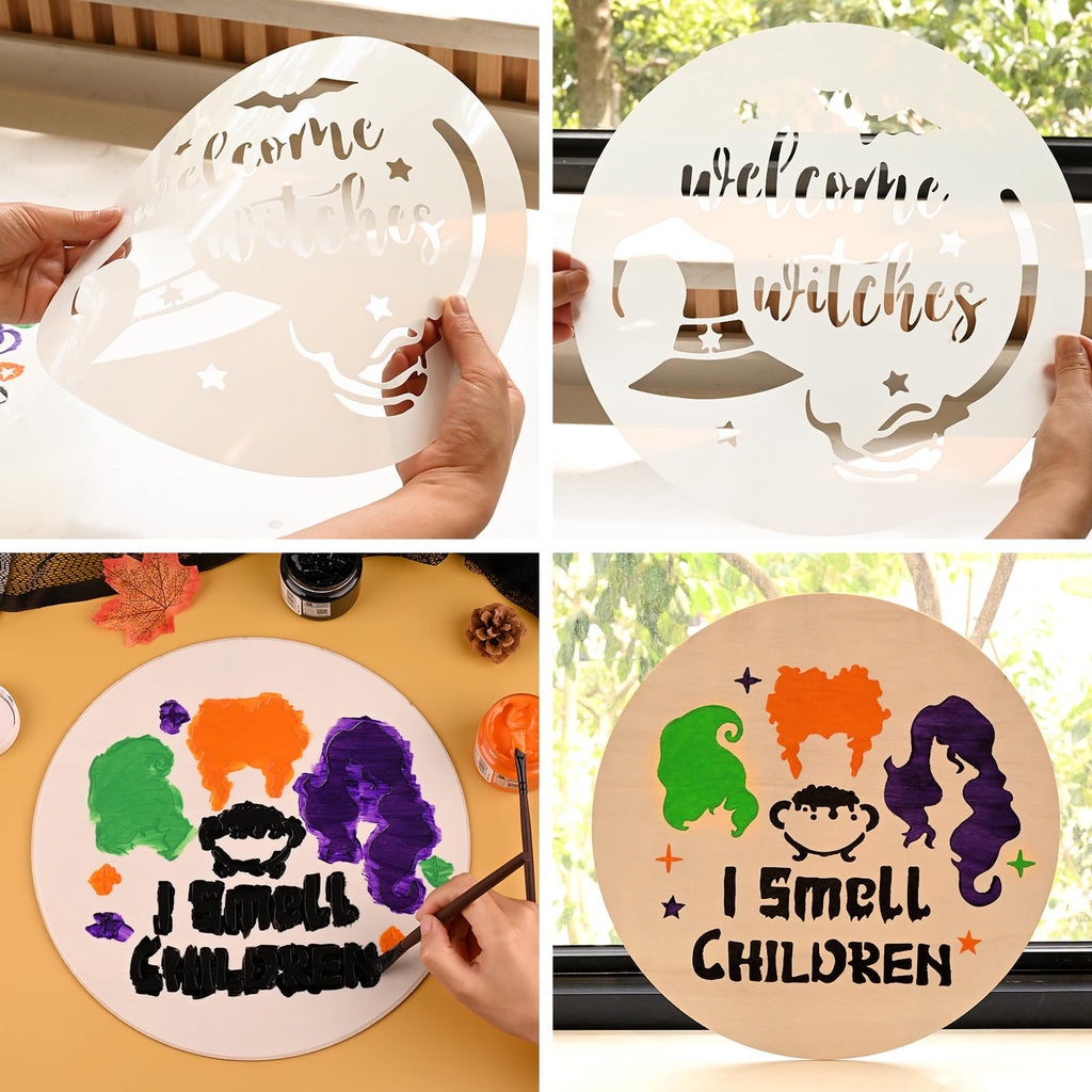 HUAKENER 9 Pcs Halloween Stencils for Painting, 12 Inch Large Round Halloween Templates, Reusable Halloween Stencils for Painting on Wood Walls Windows Doors Mats Fabric