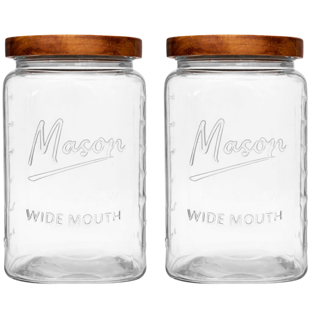 1 Gallon Glass Jars with Wooden Lids - Extra Large Mason Jars Wide Mouth with Airtight Wood Lids - Square Glass Storage Containers with Measurement Markings for Flour, Sugar & Pickling, 2 Pack