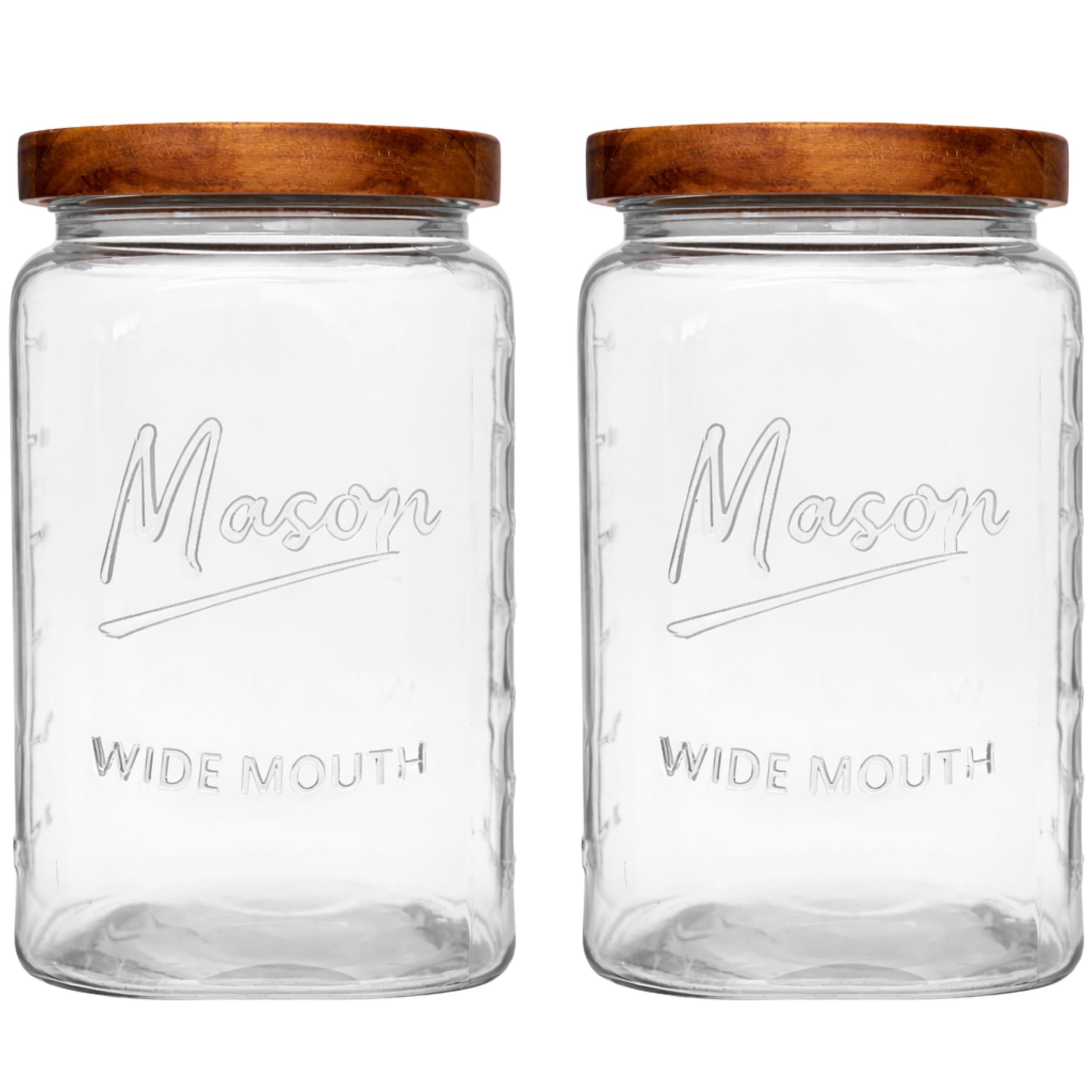1 Gallon Glass Jars with Wooden Lids - Extra Large Mason Jars Wide Mouth with Airtight Wood Lids - Square Glass Storage Containers with Measurement Markings for Flour, Sugar & Pickling, 2 Pack