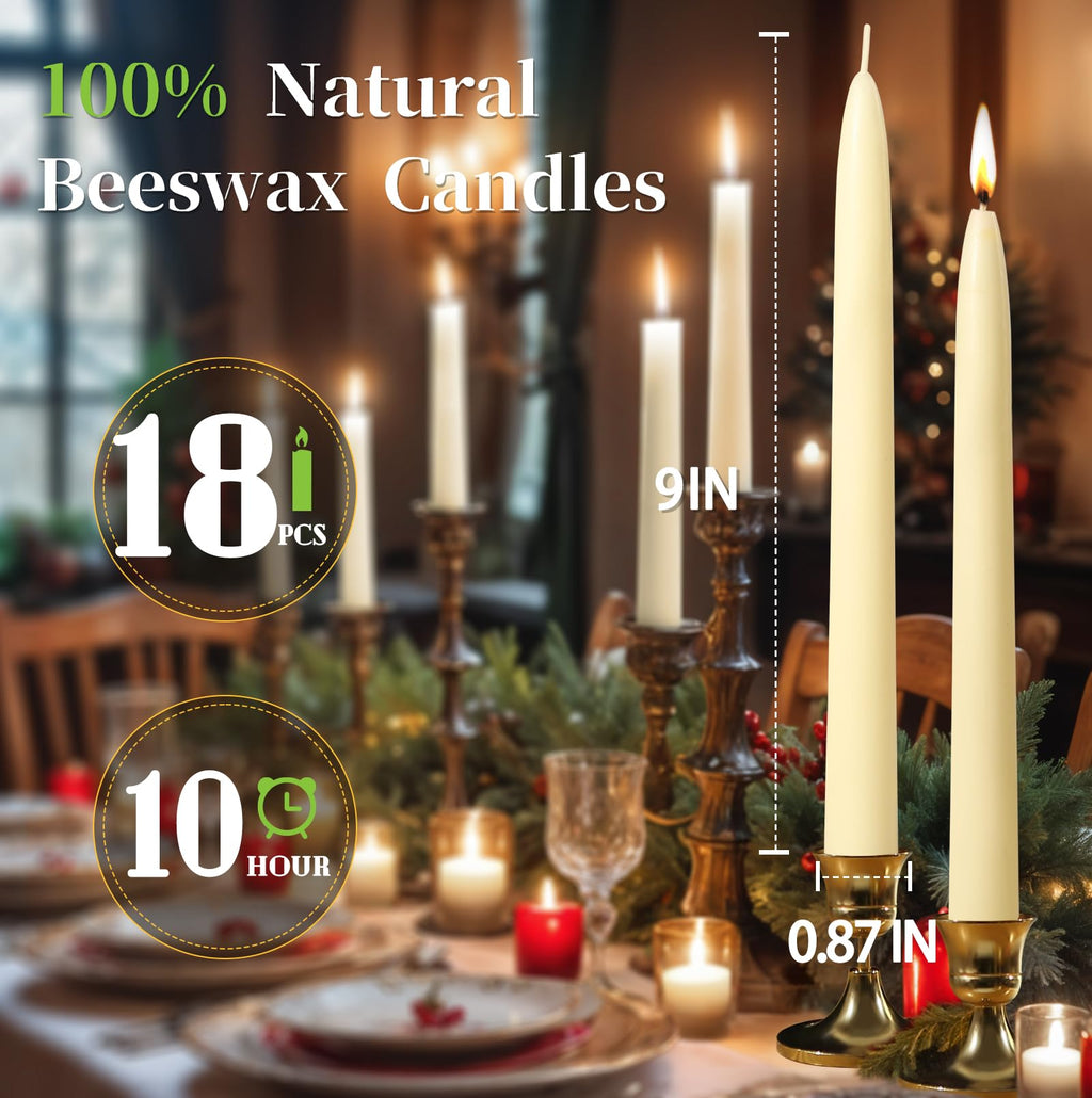12 Pack Beeswax Taper Candles,8in Dripless Pure Beeswax Candles Non Toxic,8 Hours Long Burning 100% Natural Candle Sticks,Smokeless and Unscented Bees Wax Candle for Home,Prayer,Tall Tapered
