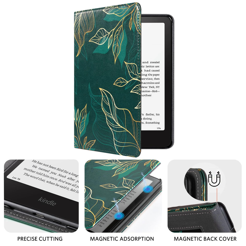 CoBak Case with Stand for Kindle Paperwhite 12th Gen 2024 Released (7") & Kindle Colorsoft Signature Edition - Durable PU Leather Cover with Auto Sleep Wake, Card Slot, Hand Strap Feature, Sage Green