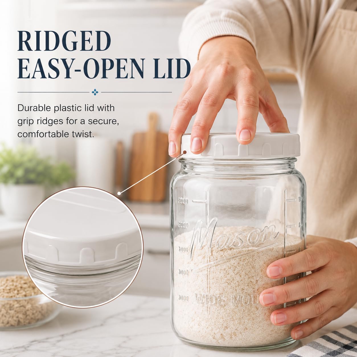 Kitchentoolz Extra Large Mason Jar - 1 Gallon Glass Wide Mouth Jar with Airtight Metal Screw on Lid, Food Storage Container with Measurement Marks For Kitchen Pantry, Pickling, Flour & Sugar Pack of 1