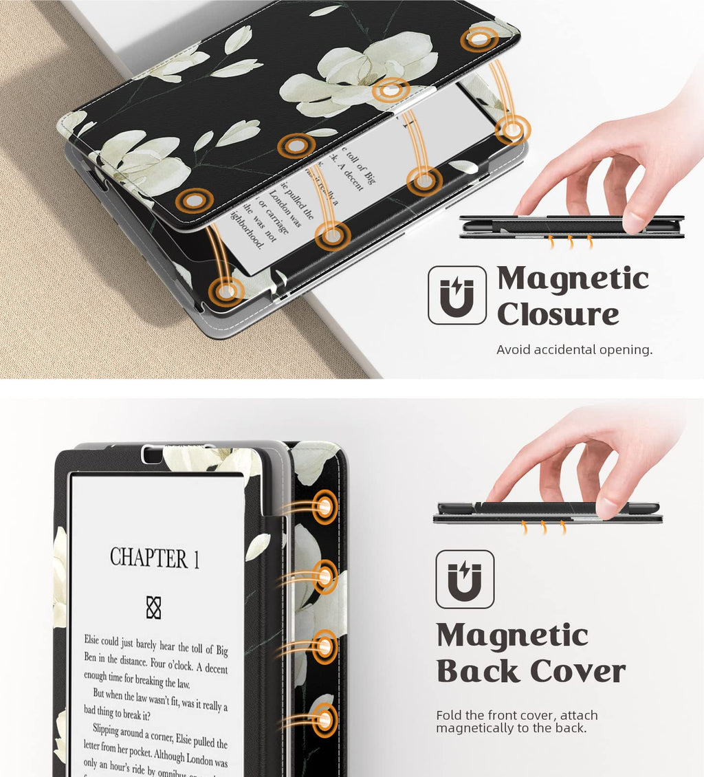 MoKo Case for 7"/6.8" Kindle Paperwhite(12th/11th Generation-2024/2021) and Kindle Colorsoft Signature Edition, Slim PU Shell Cover Case with Auto-Wake/Sleep for Kindle Paperwhite 2024, Flowers
