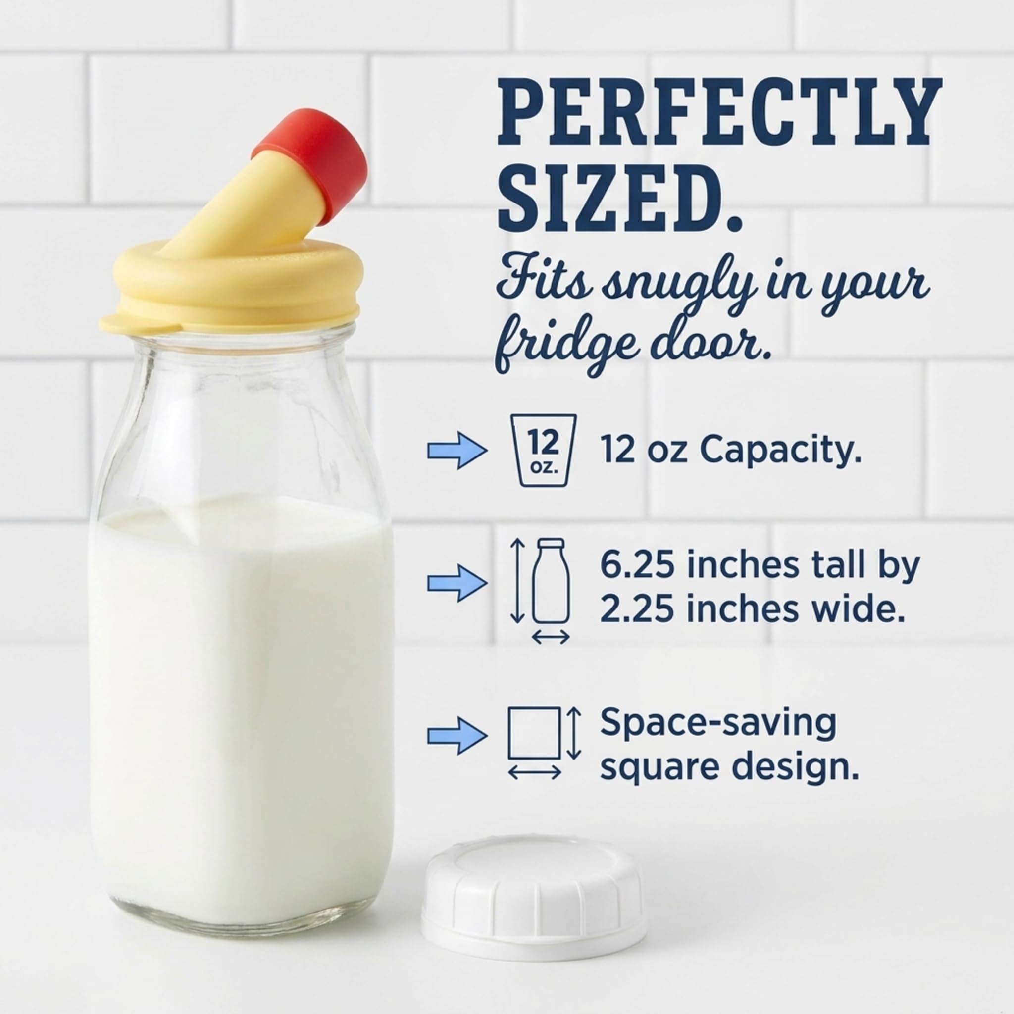 kitchentoolz Glass Creamer Bottle 12 Oz Square Glass Milk Bottle with Lids- Glass Bottles with Lids - Milk Container for Refrigerator - 12 Ounce Milk Bottle with Lid and Pour Spout