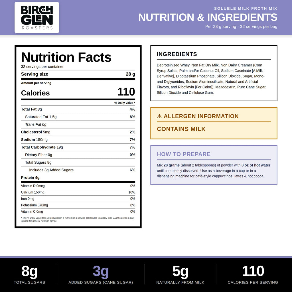 Birch Glen Roasters Soluble Milk Froth Mix Bulk Case – 6 Bags of 2lb Each – Smooth Milk Powder for Creamy Cappuccino Topping, Coffee, Lattes, and Hot Beverages