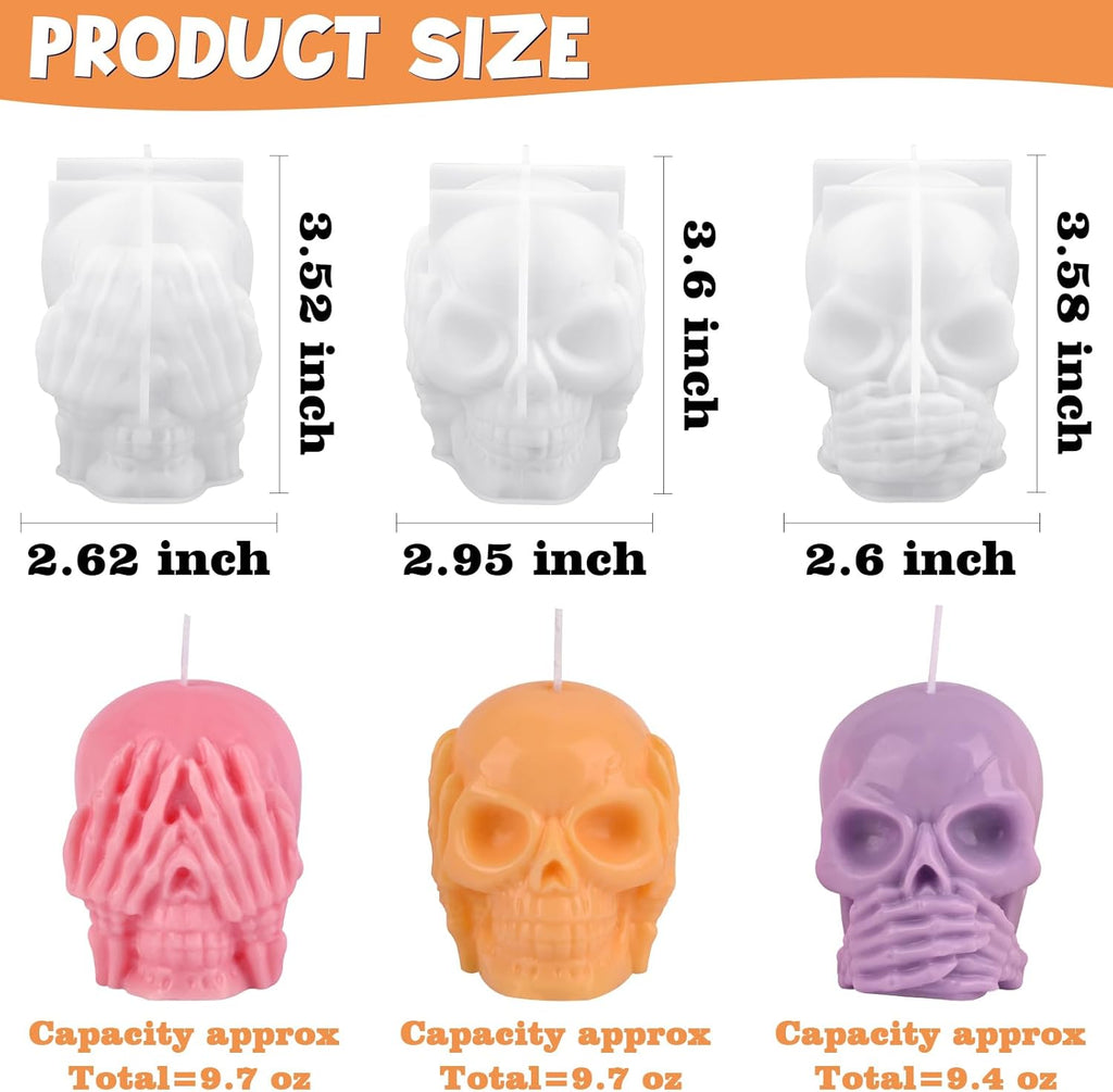 HUAKENER 3 Pack Skull Candle Molds, 3D Skull Resin Molds, Hear-no, Speak-no, See-no Skull Silicone Molds for Candle, Epoxy Resin, Soap, Halloween Cake Decor