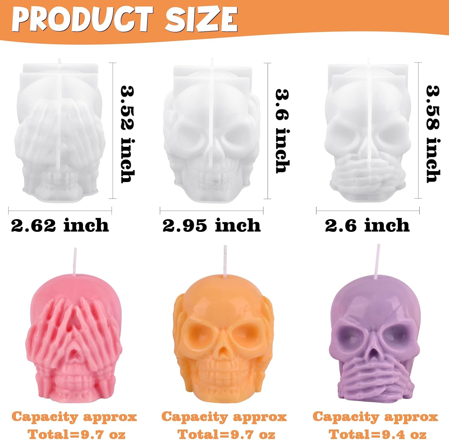 HUAKENER 3 Pack Skull Candle Molds, 3D Skull Resin Molds, Hear-no, Speak-no, See-no Skull Silicone Molds for Candle, Epoxy Resin, Soap, Halloween Cake Decor