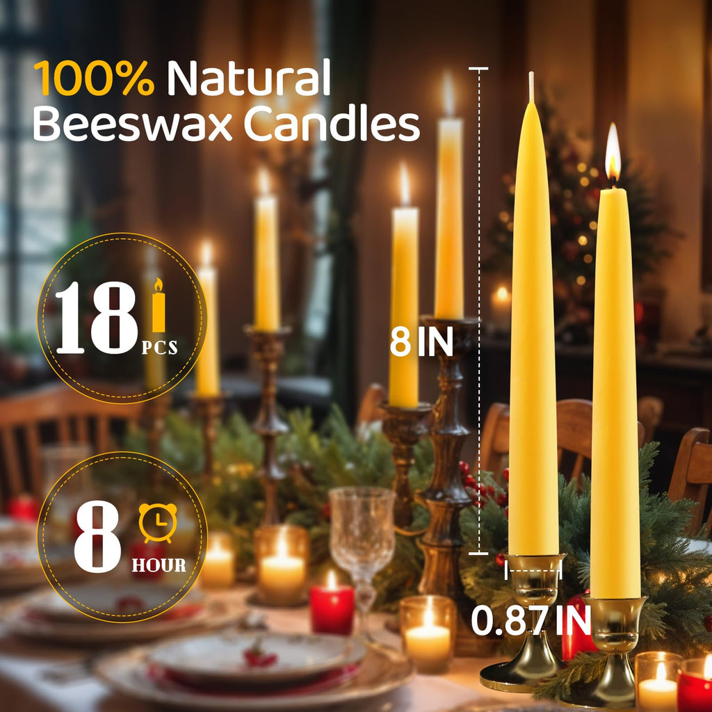 12 Pack Beeswax Taper Candles,8in Dripless Pure Beeswax Candles Non Toxic,8 Hours Long Burning 100% Natural Candle Sticks,Smokeless and Unscented Bees Wax Candle for Home,Prayer,Tall Tapered