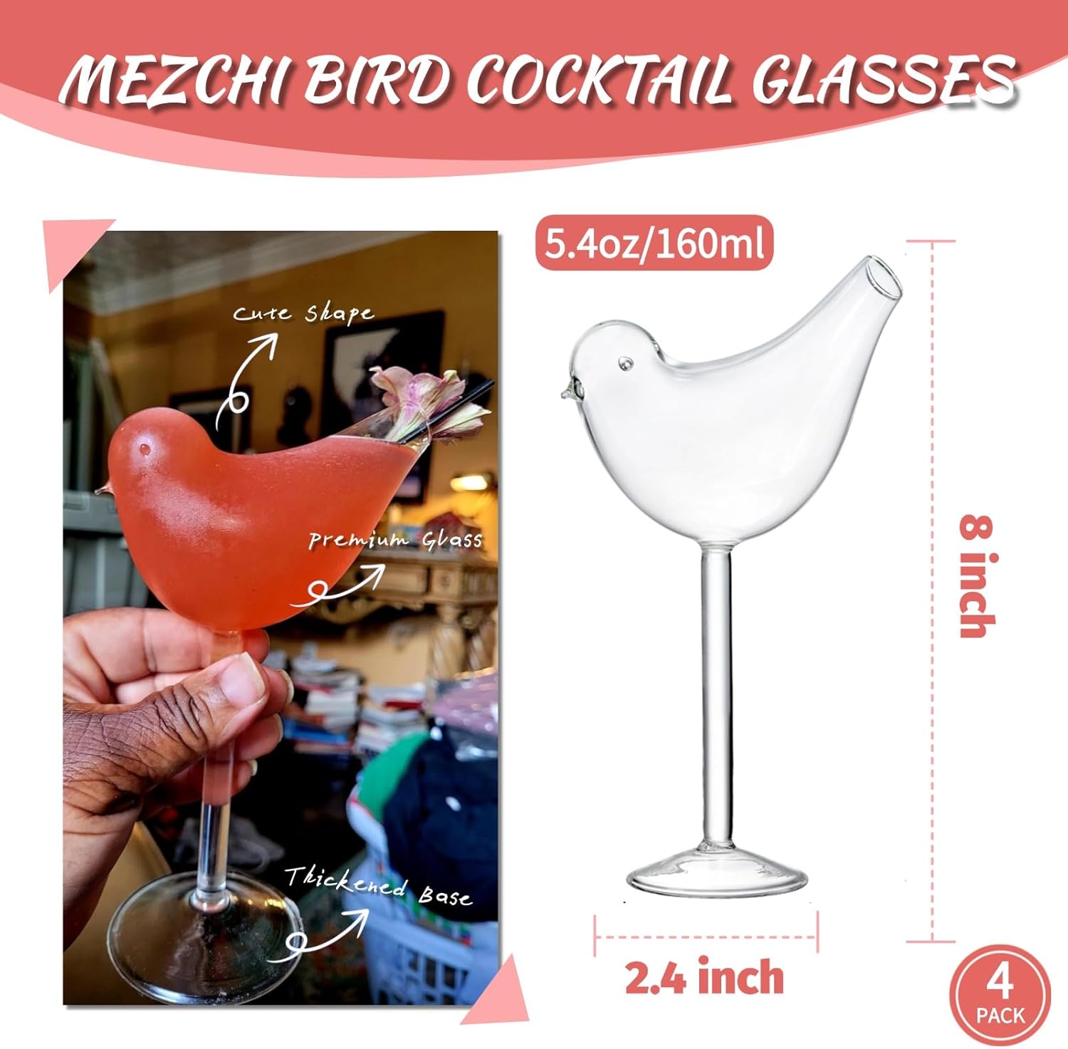 4 Pack Bird Cocktail Glasses, 160ml/5.4 Oz Bird Shaped Martini Glass, Clear Fancy Drinking Glasses, Unique Wine Glasses for champagne, Mixed Drinks, Party, Wedding and Home decor