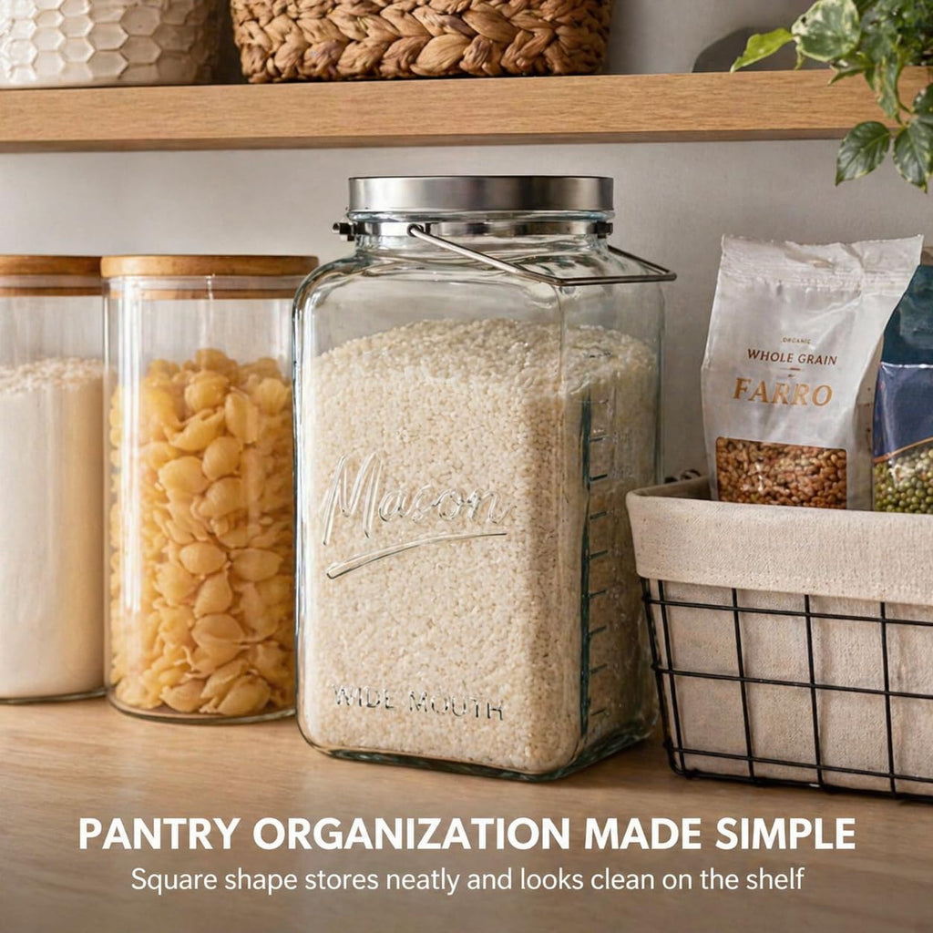 kitchentoolz Large 2 Gallon Glass Mason Jar with Big Airtight Metal Lid and Carry Handle – Wide Mouth Square Container with Measurements for Dry Goods, Bulk Storage, and Food Prep
