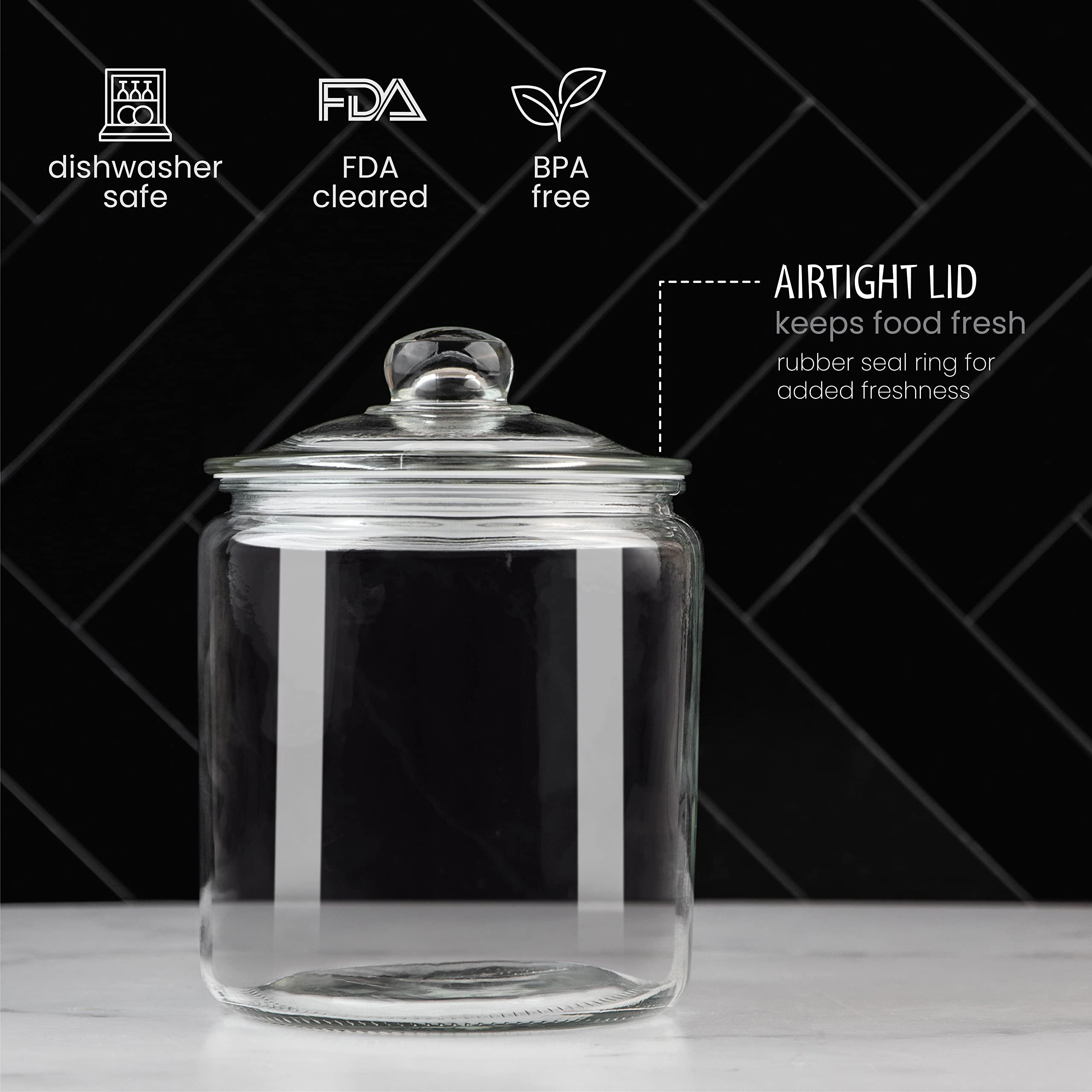 1 Gallon Glass Cookie Jar with Lid – Glass Jar with Lid - Airtight Food Storage Container for Cookies, Candy, Flour, Dog Treats – Clear Large Kitchen Jar for Pantry - Glass Containers with Lids