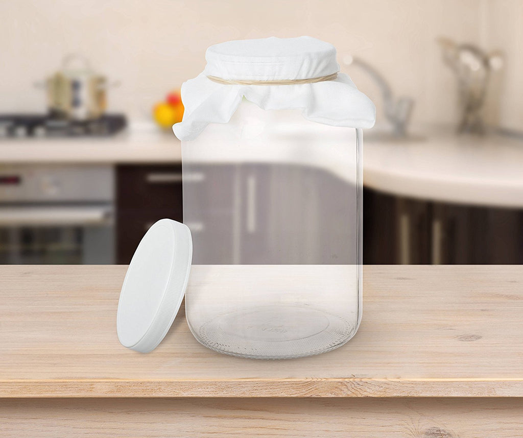 kitchentoolz 1 Gallon Glass Wide Mouth Kombucha Brewing Mason Jar - Home Brewing and Fermenting Kit with Cotton Cloth Filter, Rubber Band and Plastic Lid (1 Jar)