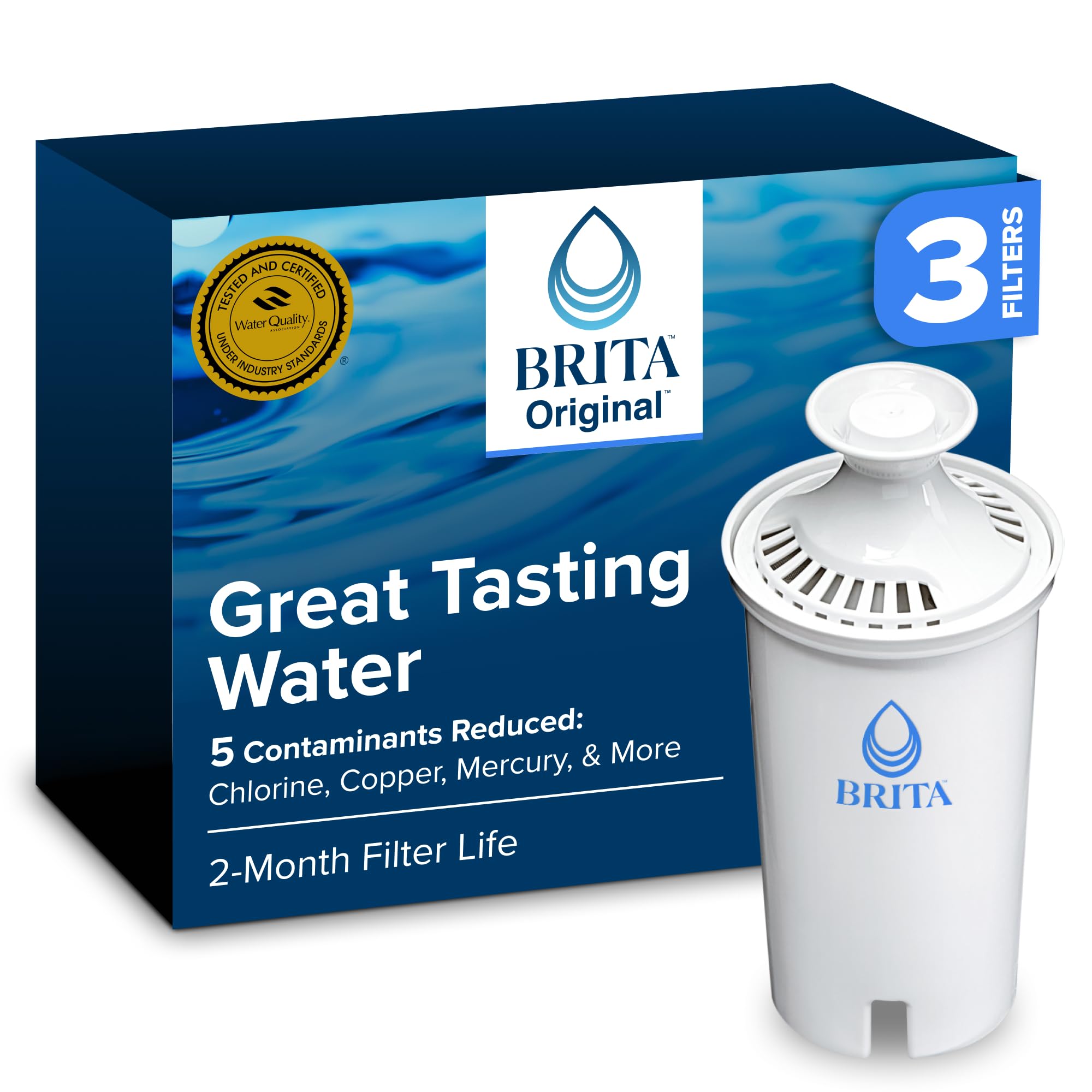 Brita Standard Water Filter for Pitchers and Dispensers, BPA-Free, Reduces Copper, Cadmium and Mercury Impurities, Lasts Two Months or 40 Gallons, Includes 3 Filters for Pitchers