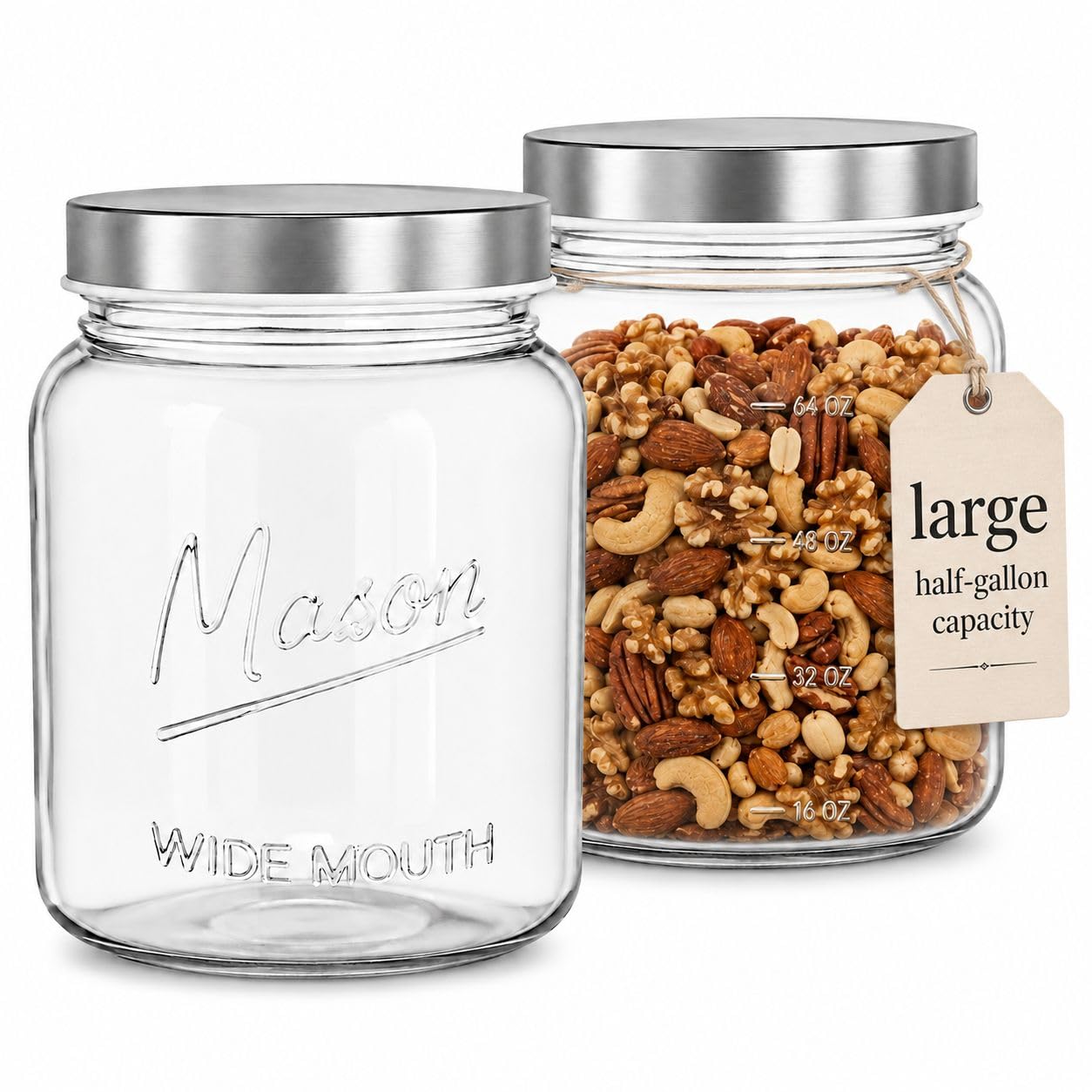 Kitchentoolz 64 oz Mason Jars Wide Mouth 2-Pack – Half Gallon Glass Jar with Lid – 1/2 Gallon Large Mason Jars with Lids for Food Storage, Canning, and Fermenting
