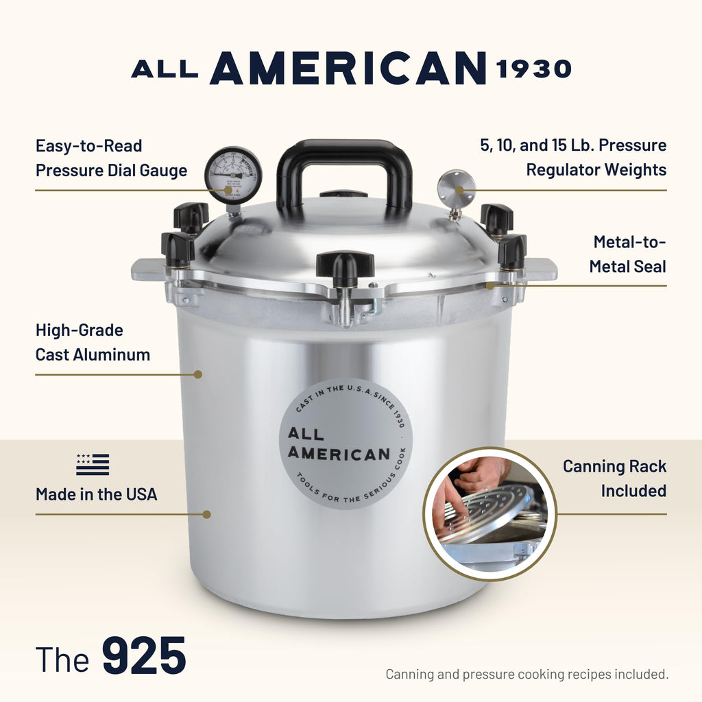 All American 1930: 21.5qt Pressure Cooker/Canner (The 921) - Exclusive Metal-to-Metal Sealing System - Easy to Open & Close - Suitable for Gas, Electric, or Flat Top Stoves - Made in the USA