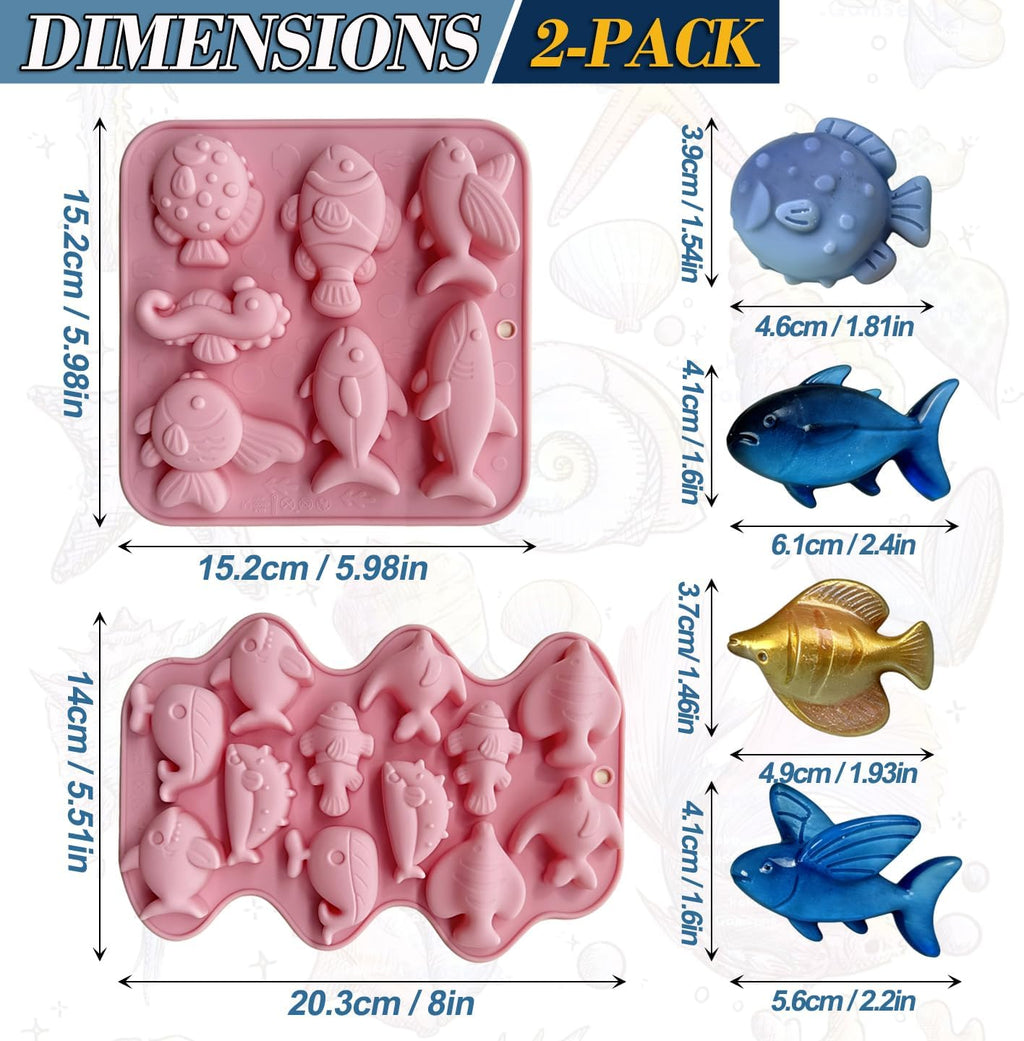 Ocean Sea Animal Silicone Molds, 2 Pack Marine Life Chocolate Mold Fish Candy Molds, Food Grade Non-Stick Baking Mould for Kids, Under The Sea Party Favors, Cake Topper, Resin, Soap Candle Making