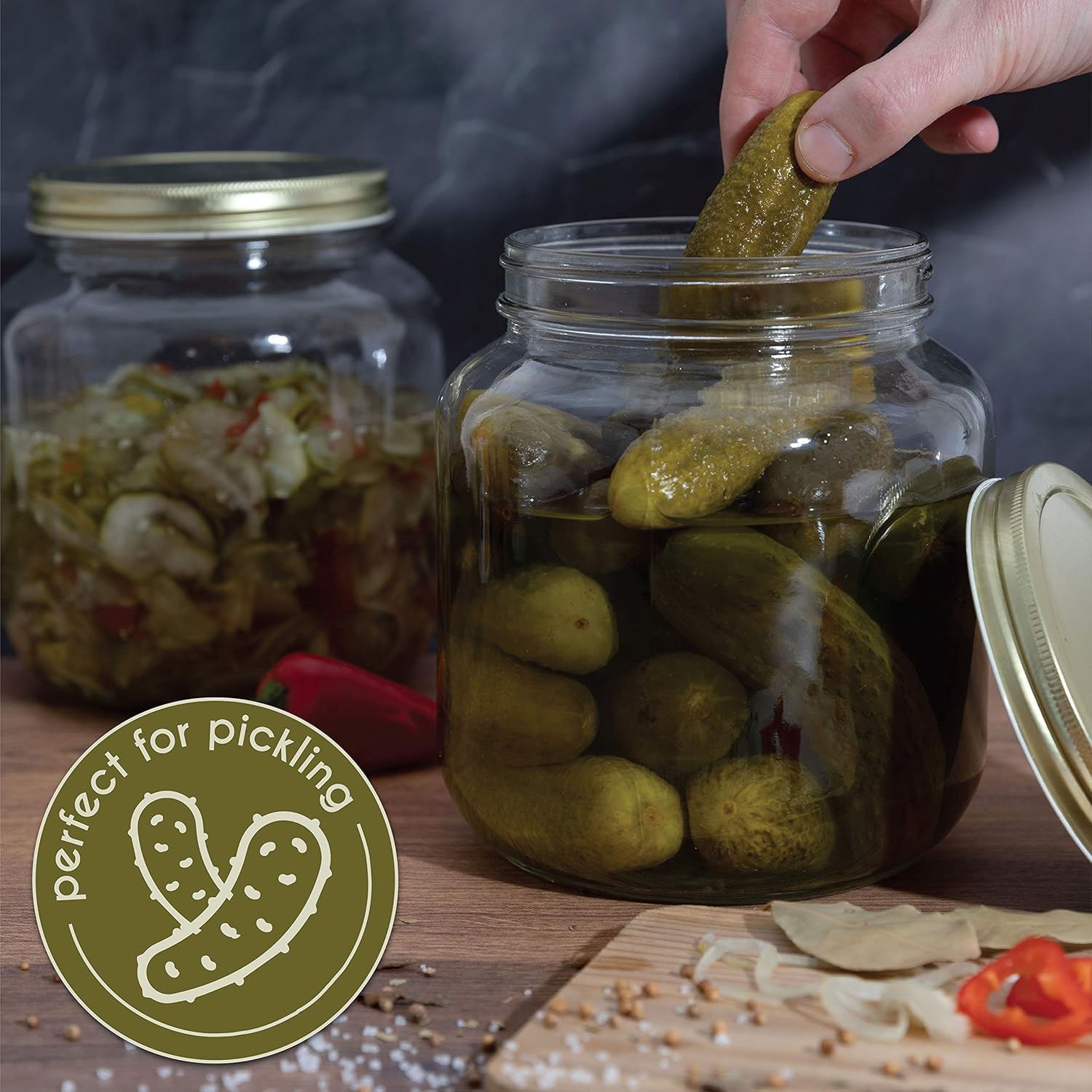 kitchentoolz Half Gallon Mason Jar Wide Mouth with Airtight Metal Lid - Safe for Fermenting, Pickling, Sourdough & Kombucha - Glass 64 oz Mason Jar - Made in USA - BPA Free