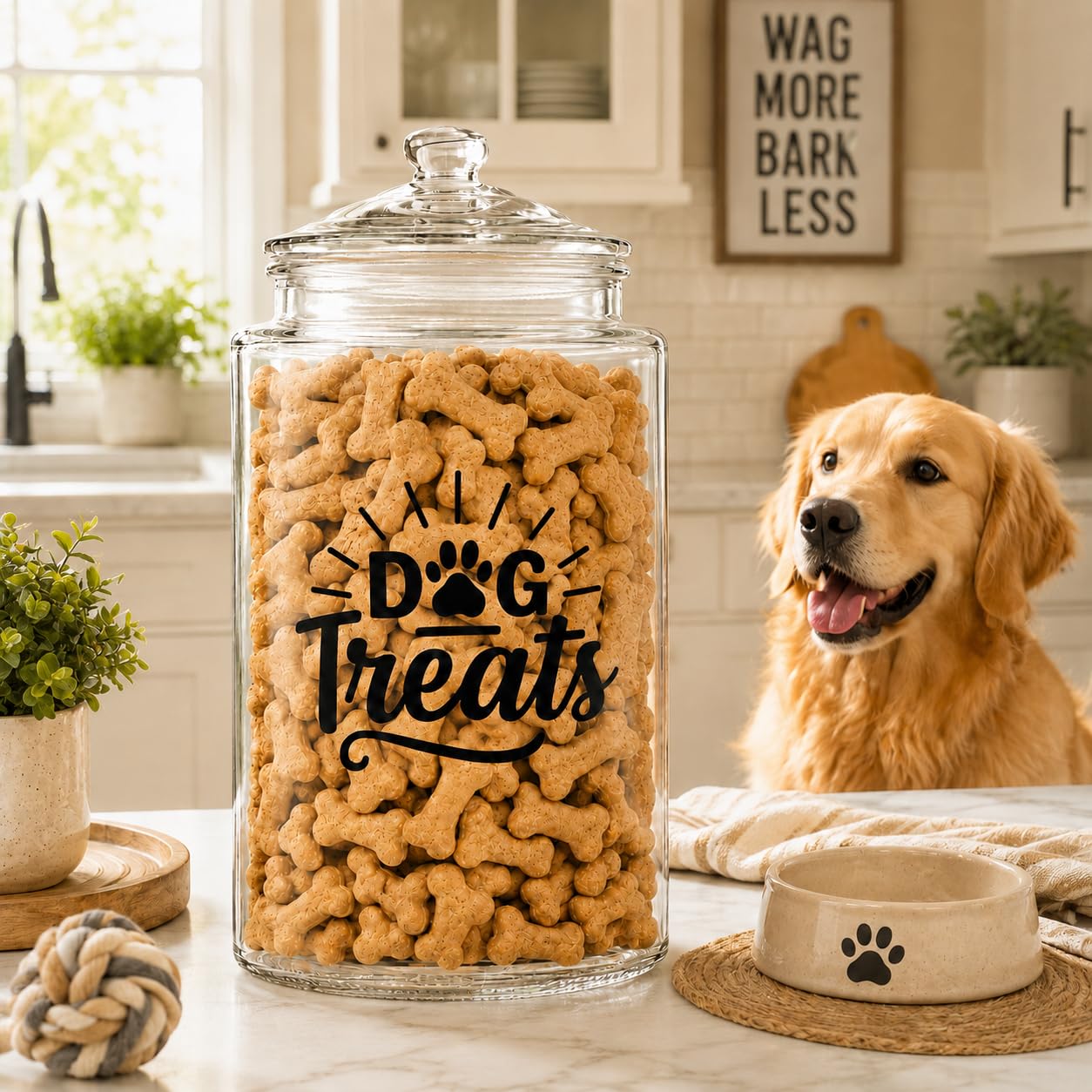 kitchentoolz 1-Gallon Glass Dog Treat Container Airtight – Large Countertop Dog Cookie Jar with Lid for Dog Treat Storage, Decorative Treat Jar & Dachshund Accessories