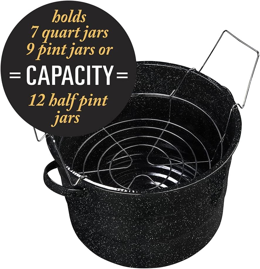 Granite Ware Canning Pot with Rack & Lid - 21 Quart Large Boiling Water Canning Set for Jar Sterilization & Pickling on Stove/Open Flame – Scratch-Resistant Porcelain Enamel & Steel Core (Black)