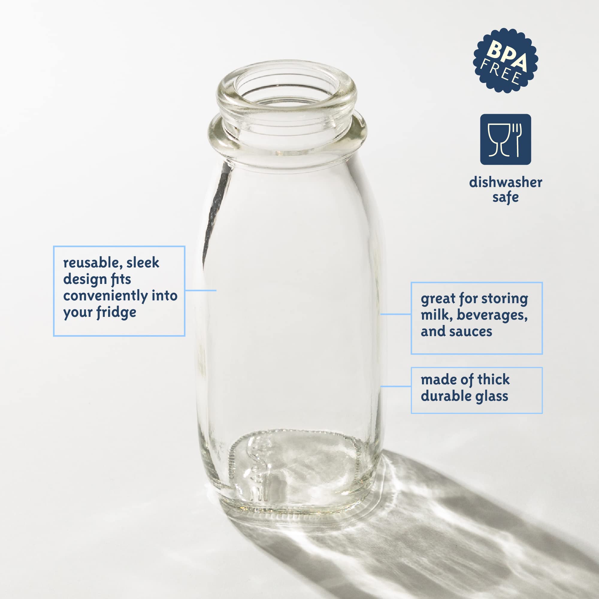 kitchentoolz Glass Creamer Bottle 12 Oz Square Glass Milk Bottle with Lids- Glass Bottles with Lids - Milk Container for Refrigerator - 12 Ounce Milk Bottle with Lid and Pour Spout