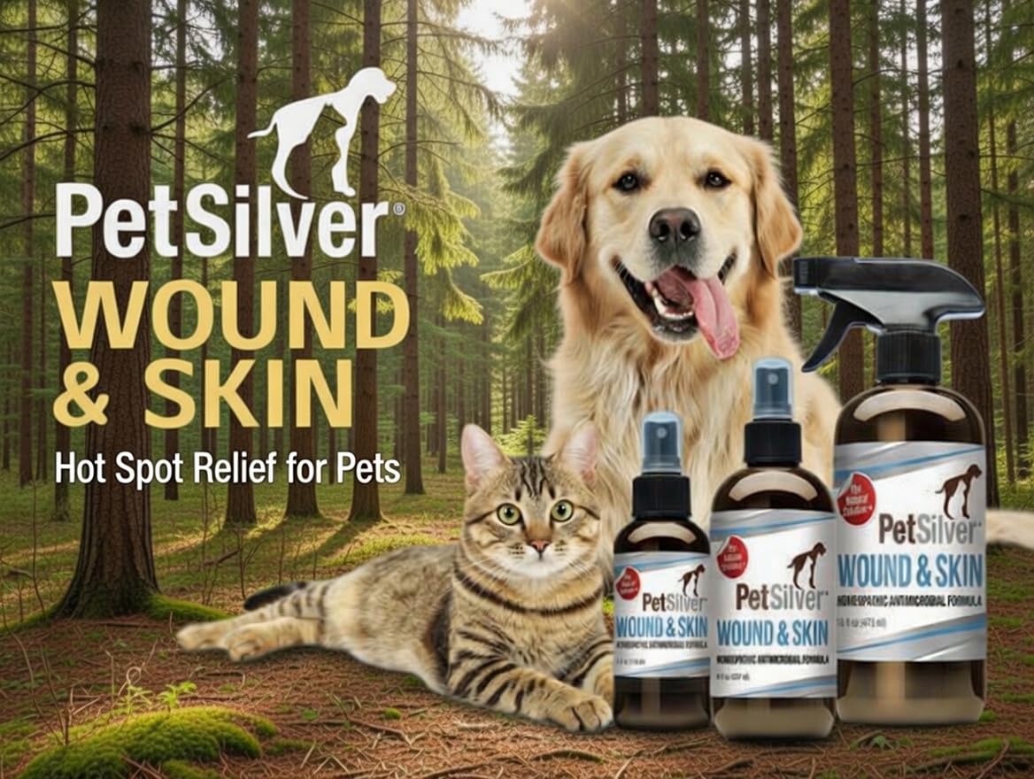 PetSilver Antibacterial Wound & Skin Spray | Dog Hot Spot Treatment & Cat Wound Spray | Chelated Silver Skin Soother for Rashes & Sores | Dog Wound Care & Itch Spray - 4 fl oz