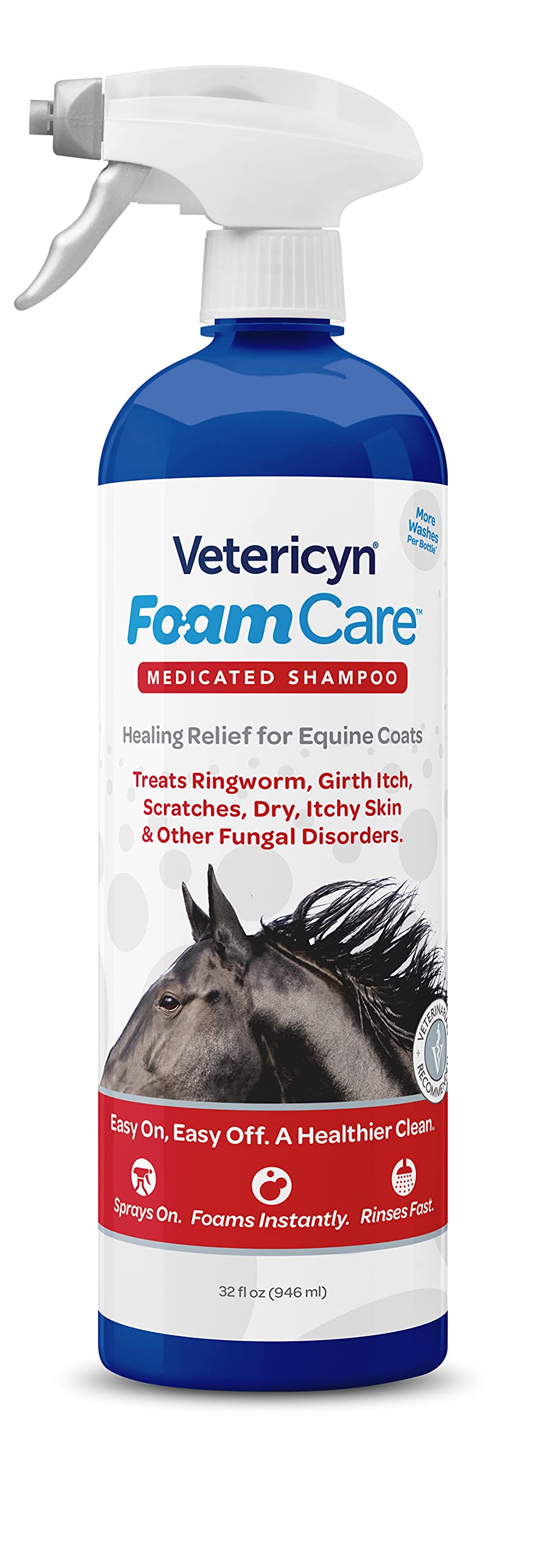 Vetericyn FoamCare Medicated Horse Shampoo | Sprayable Equine Shampoo with Ketoconazole for Healing Relief from Itchy Skin, Fungal Issues, Ring Worm, and More. 32 fl oz.