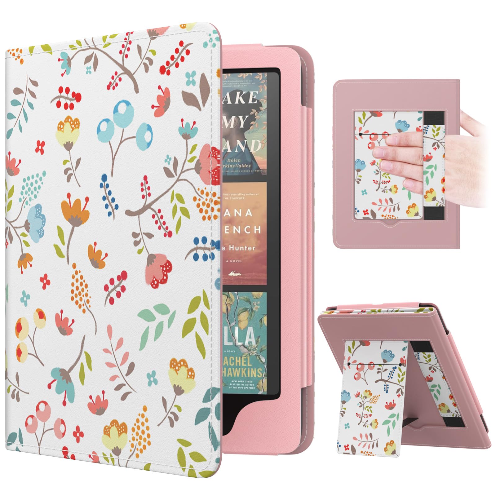MoKo Case for 7"/6.8" Kindle Paperwhite(12th/11th Generation-2024/2021) and Kindle Colorsoft Signature Edition, Slim PU Shell Cover Case with Auto-Wake/Sleep for Kindle Paperwhite 2024, Flowers