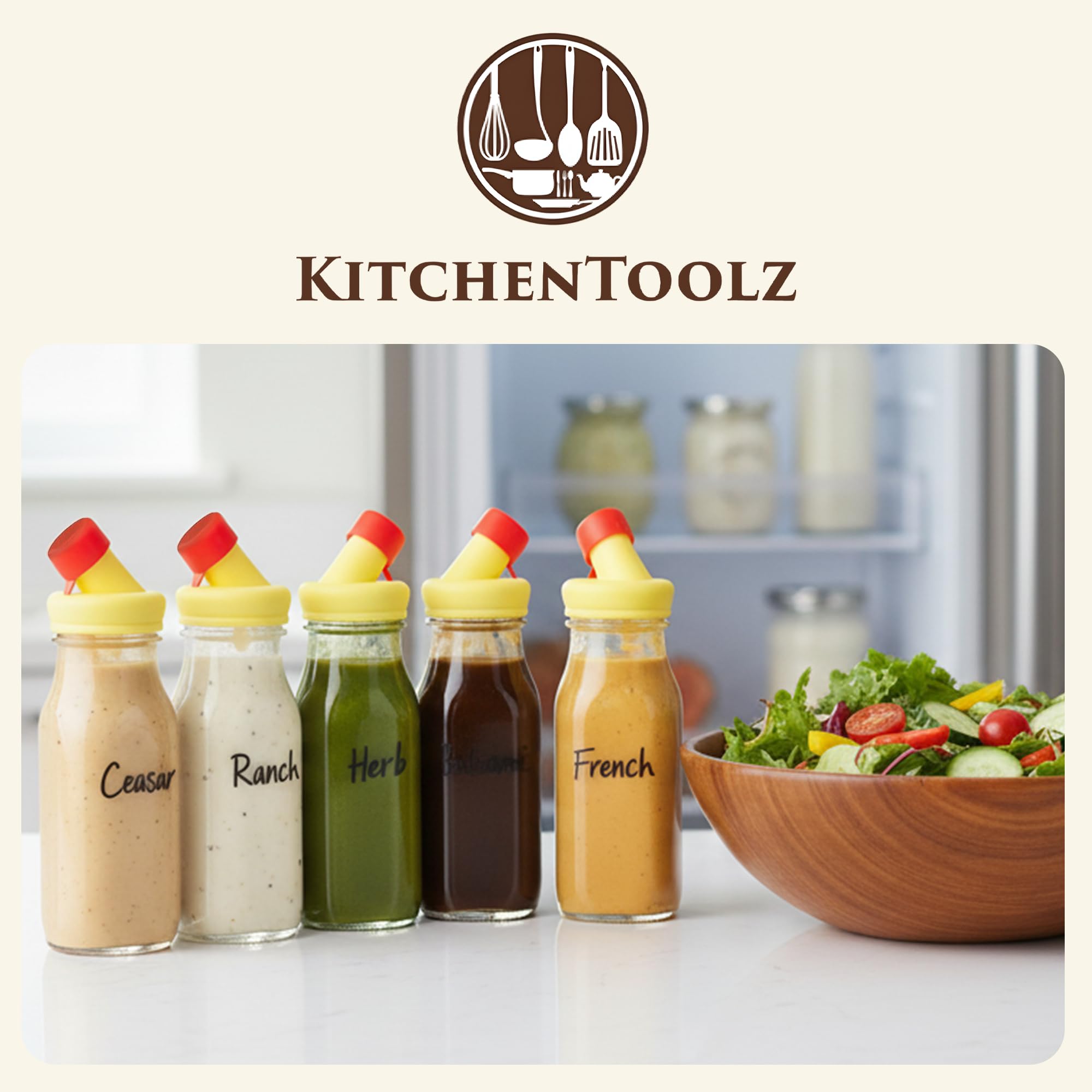 kitchentoolz Salad Dressing Shaker Bottle – 12oz Carafe Glass Bottle with Silicone Pour Spout and Tamper-Proof Lid for Sauces and Marinades - Salad Dressing Dispenser Container