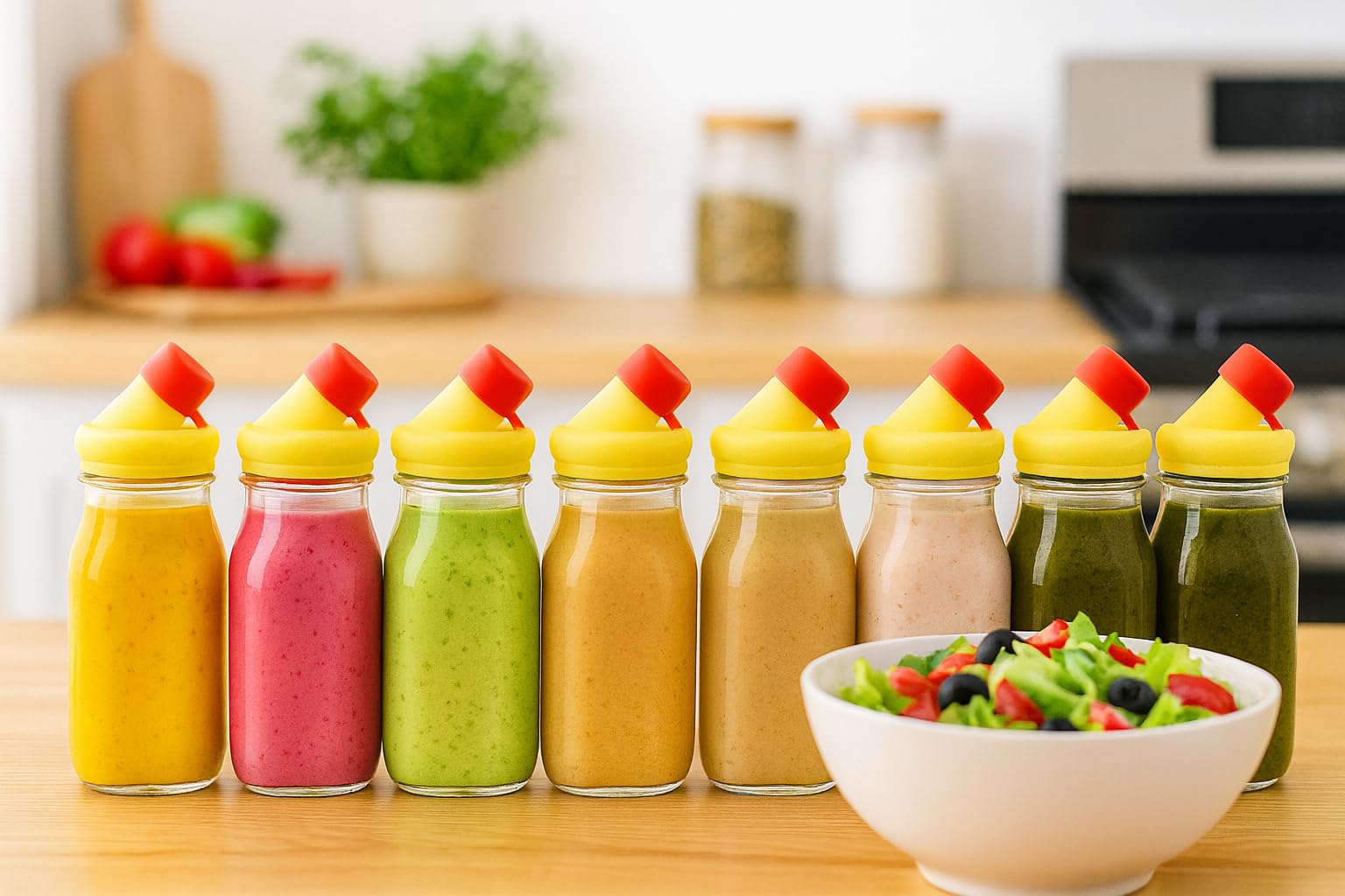 kitchentoolz Salad Dressing Shaker Bottle – 12oz Carafe Glass Bottle with Silicone Pour Spout and Tamper-Proof Lid for Sauces and Marinades - Salad Dressing Dispenser Container