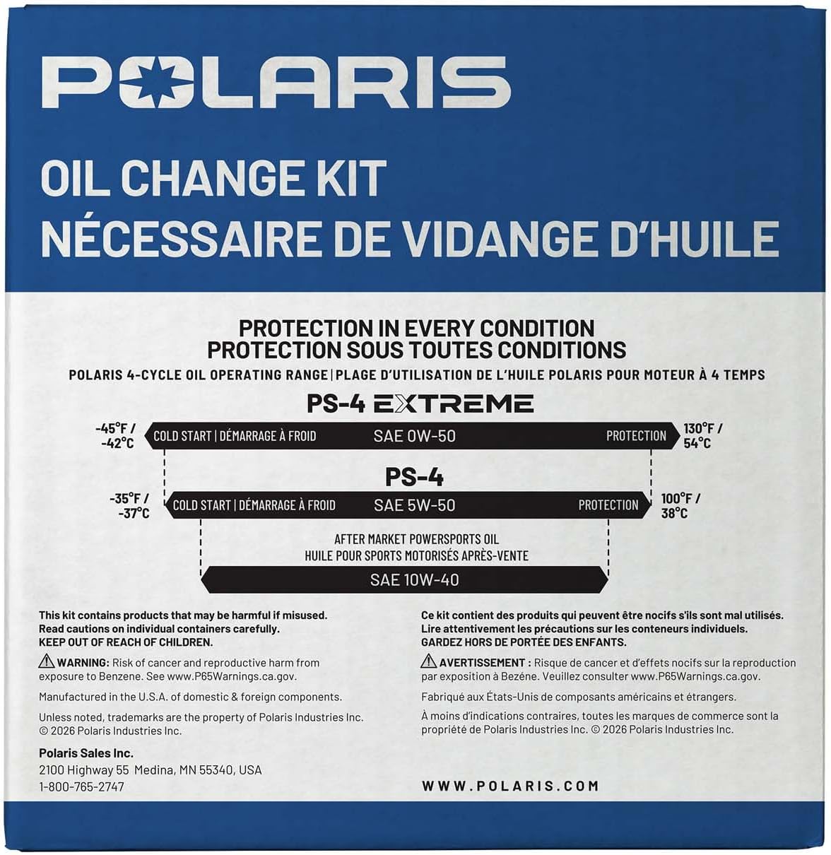 Polaris PS4 Oil Change Kit for Specific RANGER, GENERAL, RZR, ACE 900 XC Models With 4 Stroke Engine, Includes 2.5 Quarts PS-4 5W-50 Full Synthetic Oil, 1 Oil Filter, Genuine OEM - Part 2879323