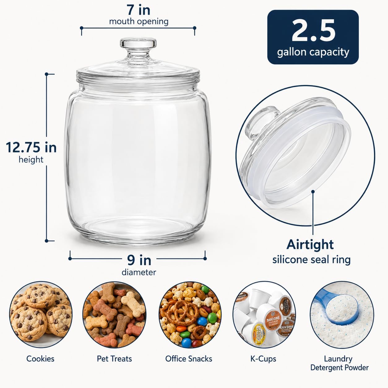 kitchentoolz 2.5 Gallon Extra Large Glass Cookie Jar with Airtight Lid – XL Clear Storage Container for Bulk Cookies, Candy, Flour, Dog Treats & More – Oversized Jar for Kitchen or Laundry Room